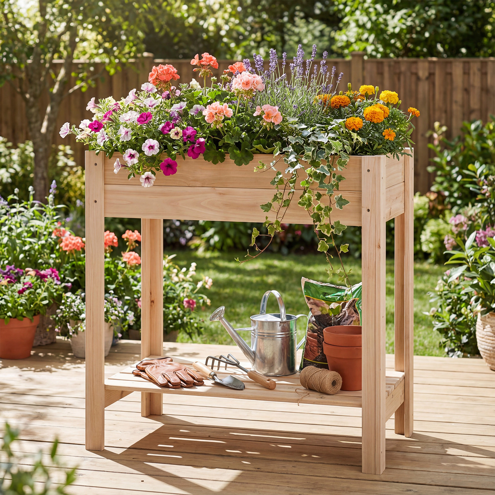 SUGIFT Waist-High Raised Garden Bed with Legs and Storage Shelf 66-lb Tier Capacity Natural