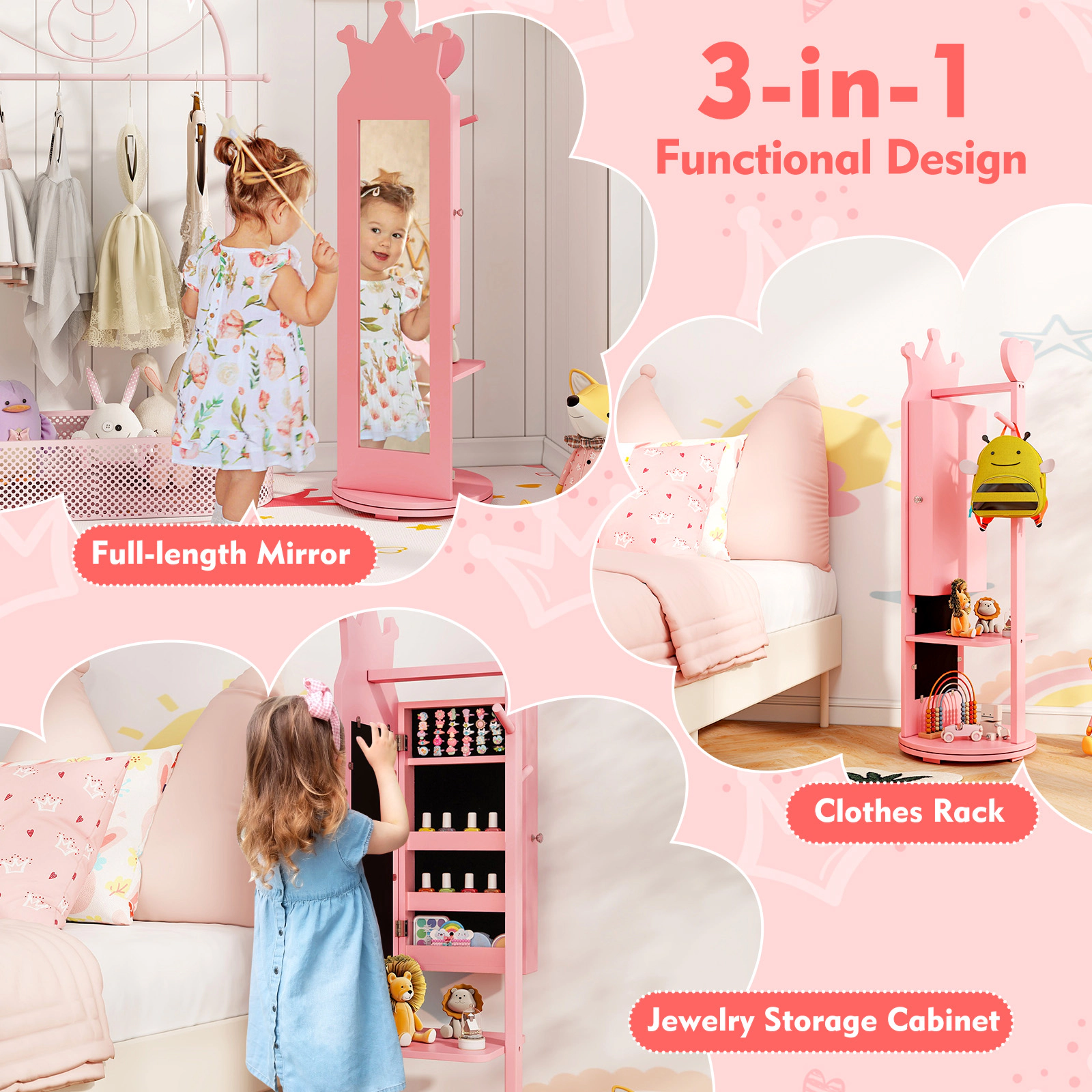 SUGIFT Pink Full Length Mirror Clothes Rack and Shelves Free-Standing Kids Jewelry Armoire