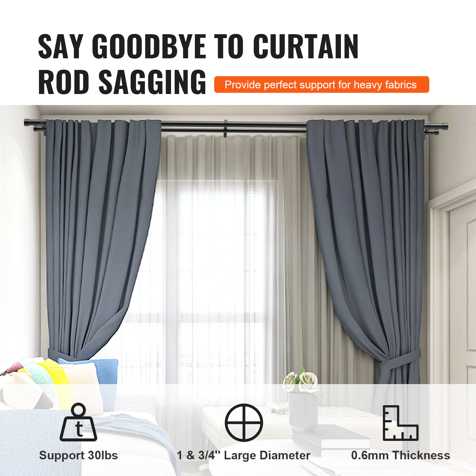 HONGGE Double Curtain Rods Drapery Rods for Curtain Rod with Round Finials Black