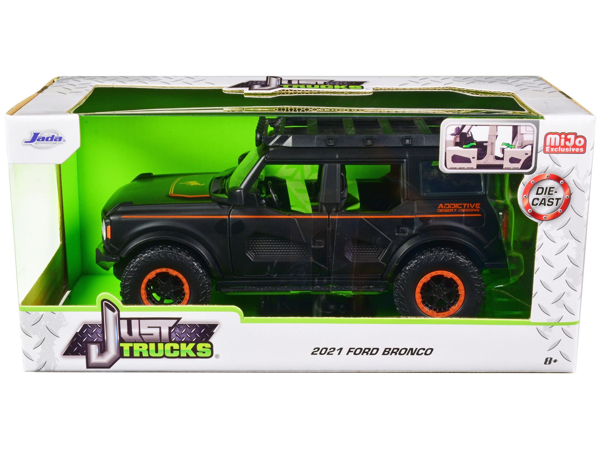Jada 2021 Ford Bronco Matt Black with Orange Stripes and Roof Rack "Addictive Desert Designs" "Just Trucks"