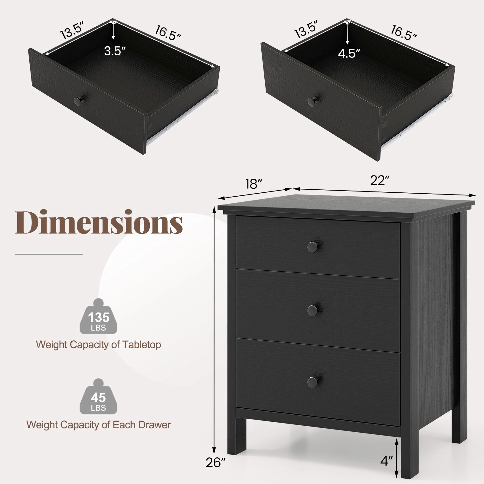 SlickBlue Modern 3-Drawer Bedside Table with Storage and Smooth Slides
