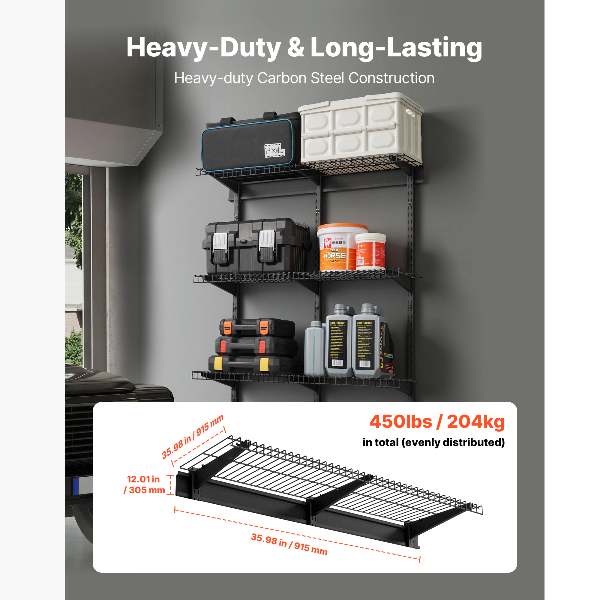 HONGGE Heavy Duty Wall Garage Shelving Steel Wall Mounted Shelving Unit Per Shelf Floating Storage Metal Rack for