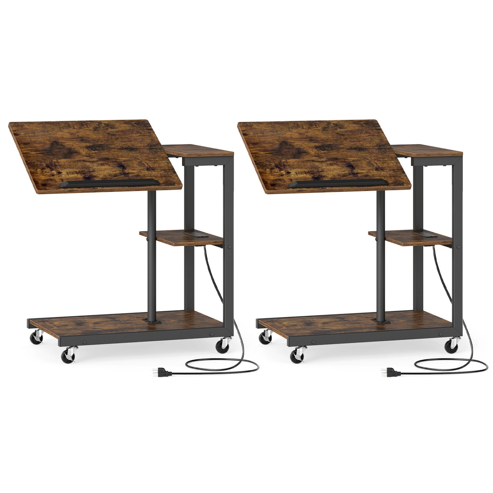 SUGIFT Set of 2 Charging Station Tilt Top 3-Tier C-Shaped Side Tables 26-in to 32.5-in 44-lb Capacity Rustic Brown