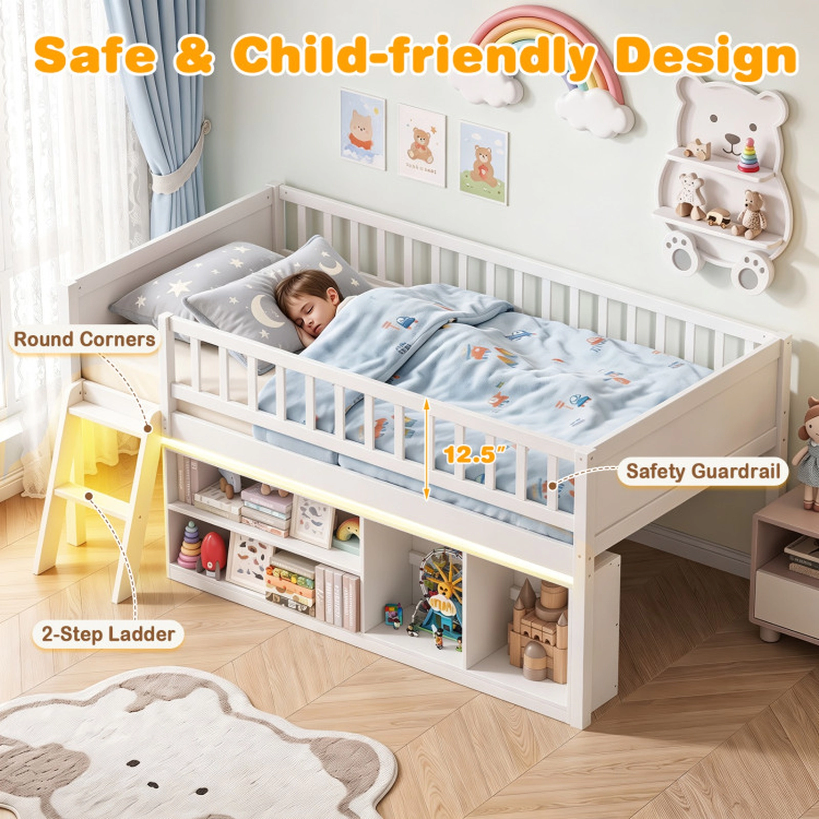SUGIFT Twin Size 400-lb Capacity White Solid Wood Low Loft Bed with LED Lights Side Bookcase and Guardrails