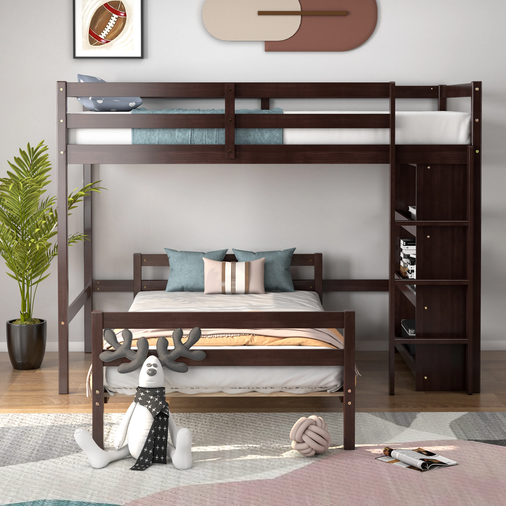 Costway Twin Over Loft Bunk Bed Wood w/Bookcase Guardrail Ladder Kids Bedroom