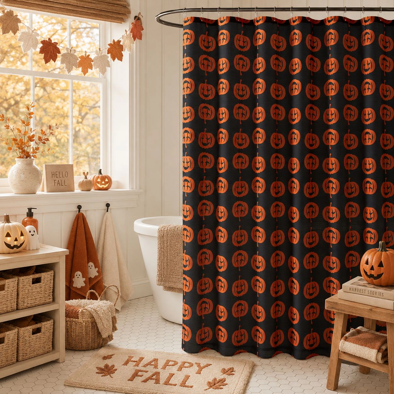 Kate Aurora Halloween Accents Black & Orange Spooky Jack O' Lanterns Fabric Shower Curtain