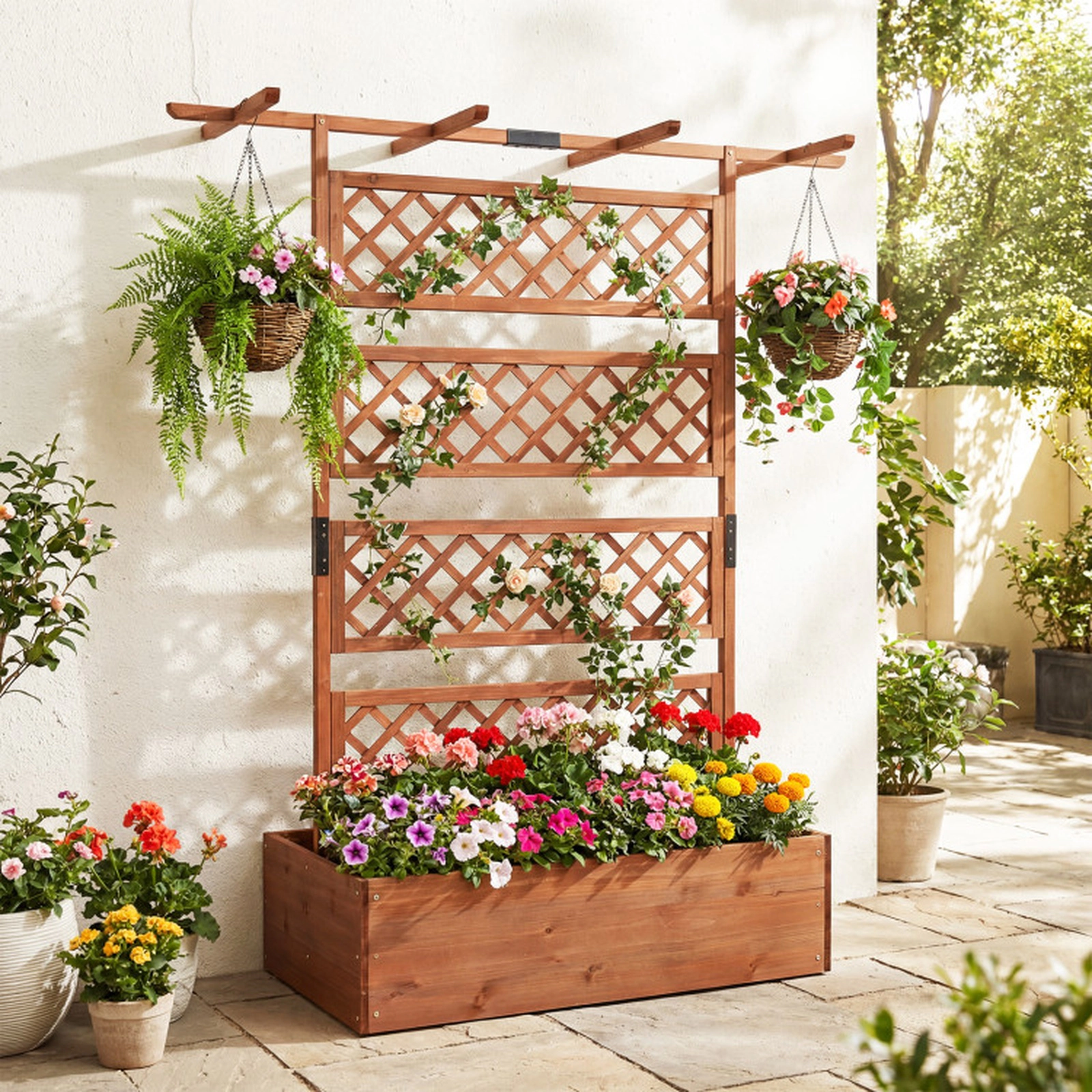 SUGIFT Wooden Planter Box with Lattice Trellis Raised Garden Bed Privacy Screen 130-lb Capacity 38-in Wide Brown/Orange