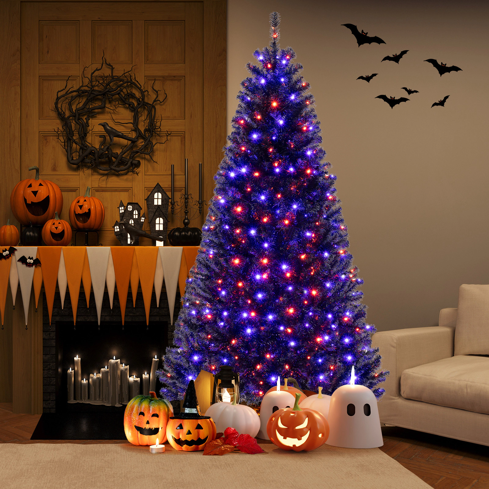 SUGIFT 7 ft Black Halloween Tree Pre-Lit Artificial Tree with 380 LED Lights Sounds and Sensor