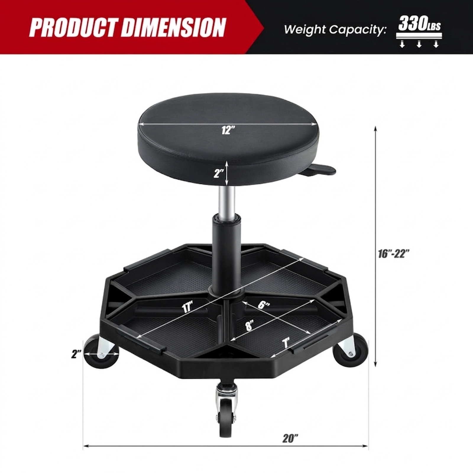 SUGIFT 16-in to 22-in Adjustable 4 Casters Tool Tray Pneumatic Rolling Mechanic Stool 20-in x 20-in 330-lb Black