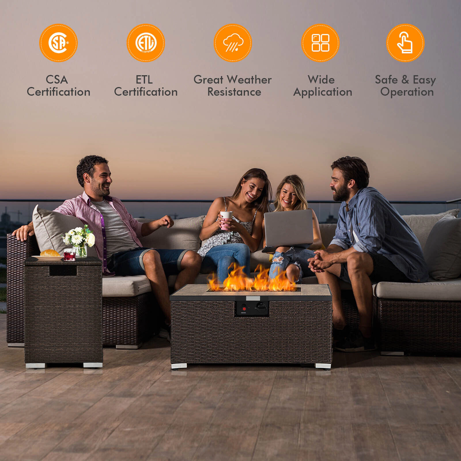SUGIFT Brown Rattan Propane Fire Pit Table Set with Tank Holder 32-in W 20-in D 16-in H 256-lb Tabletop Capacity