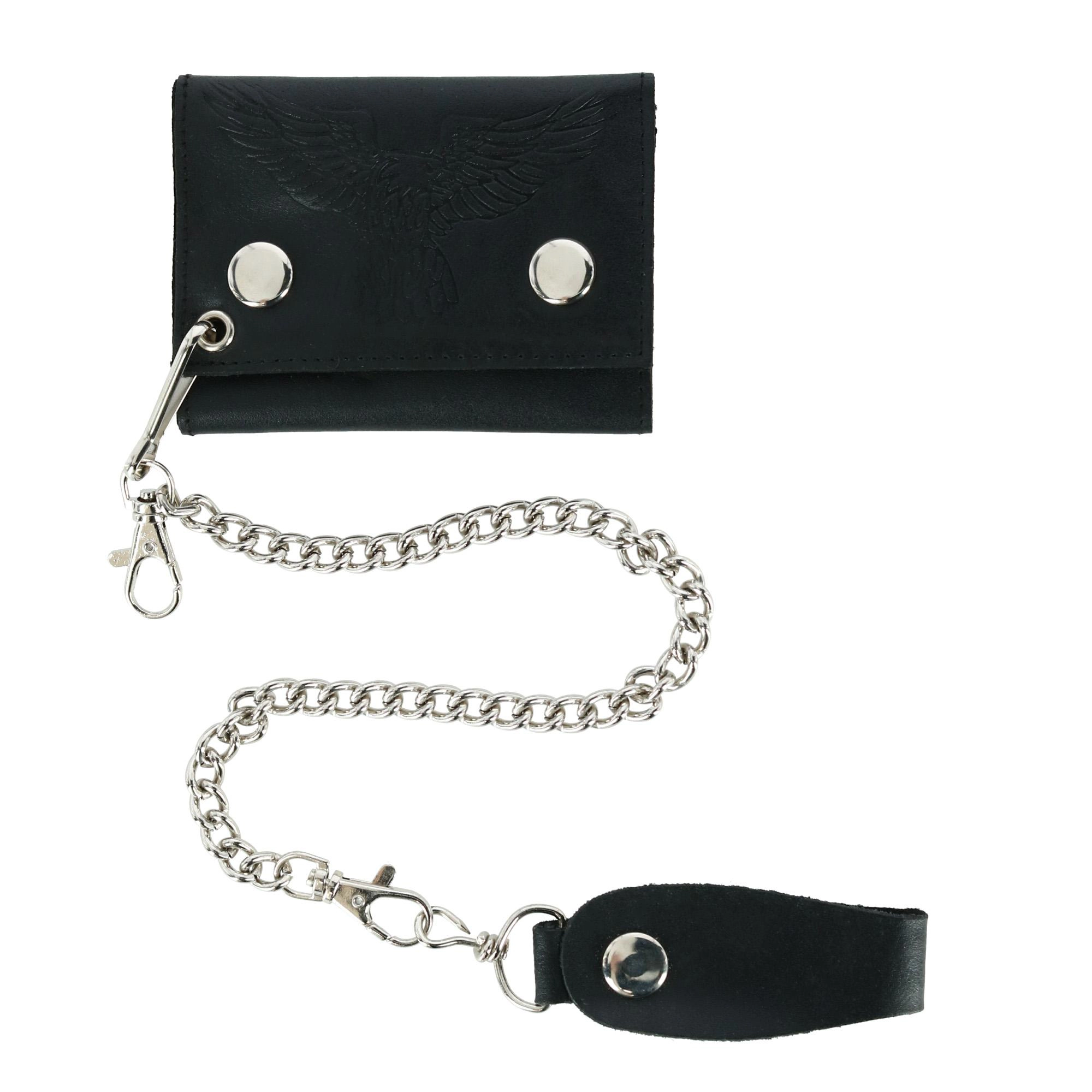 CTM Men's Leather Eagle Print Trifold Double Snap Chain Wallet