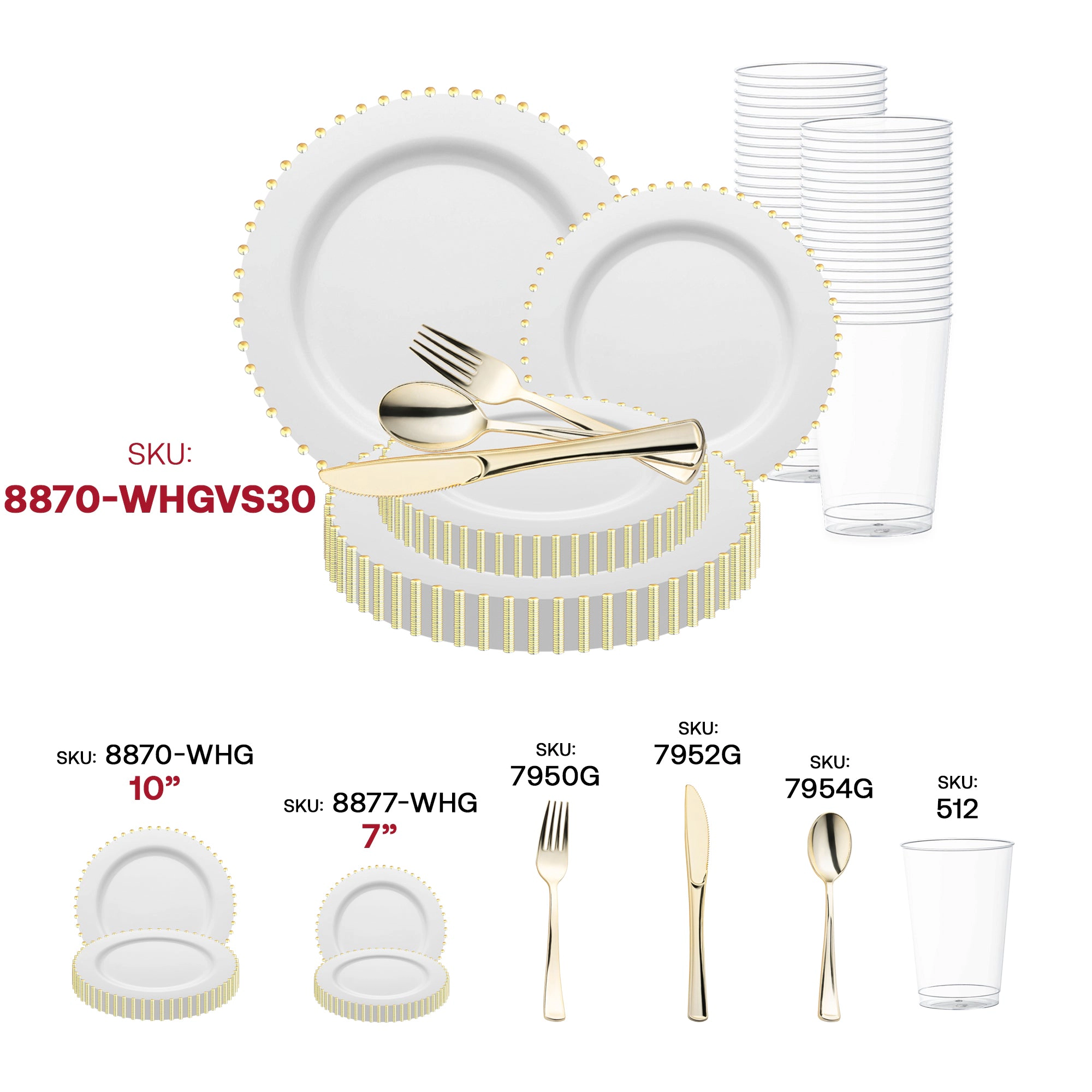 Smarty Had A Party White with Gold Pearl String Round Disposable Plastic Wedding Value Set