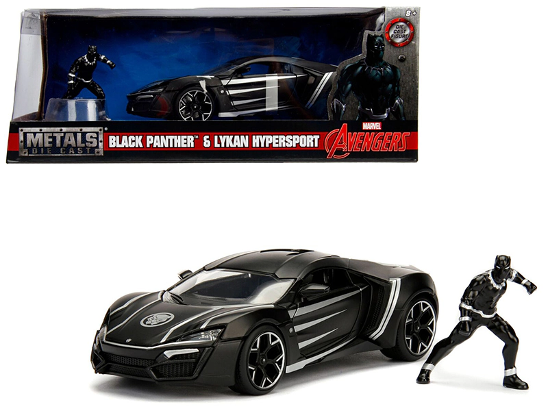 Jada Lykan Hypersport Black with Black Panther Diecast Figurine "Avengers" "Marvel" Series 1/24 Diecast Model