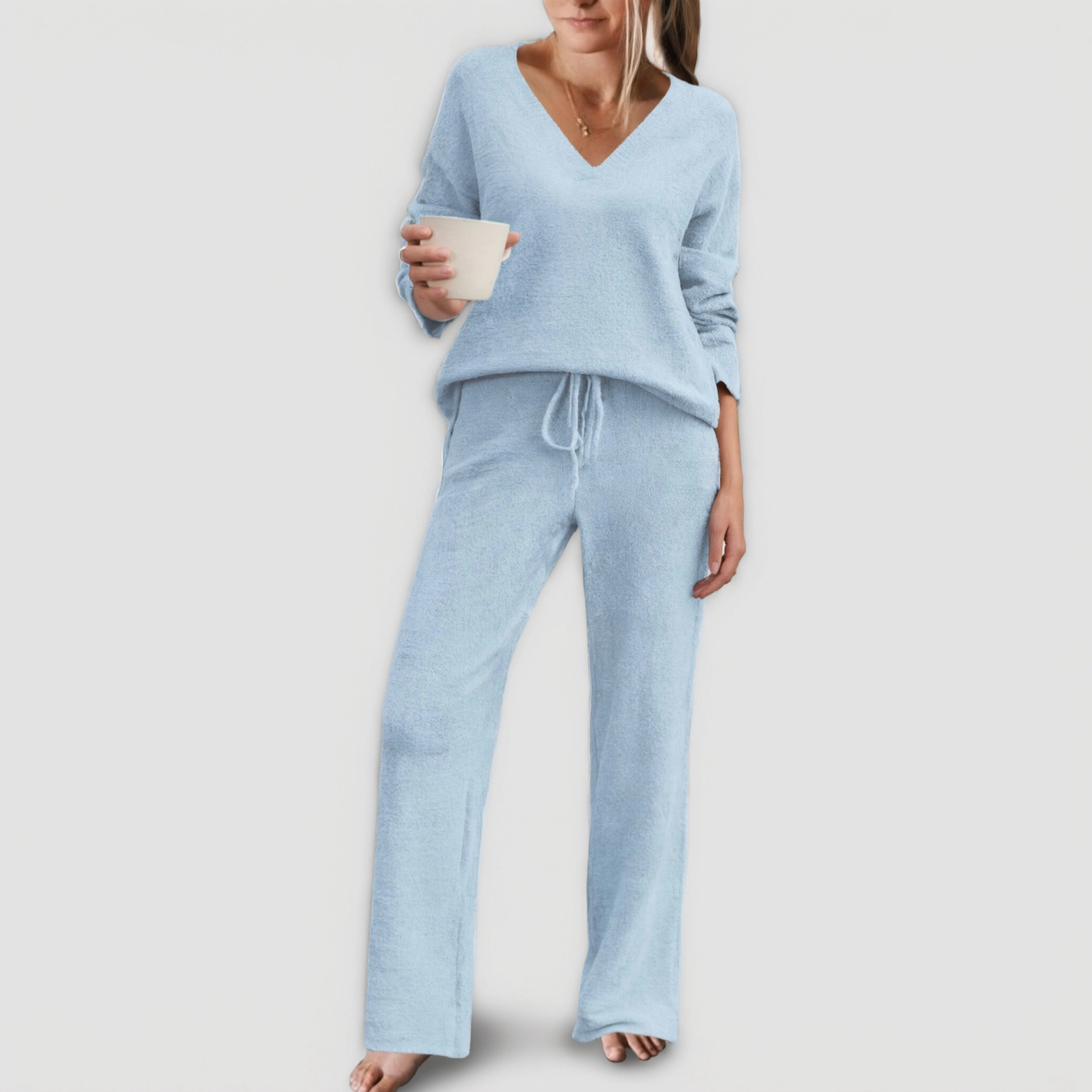 Ekouaer Womens Pajamas Outfits Winter Long Two Piece Loungewear V Neck Sweater Top and Pants Set