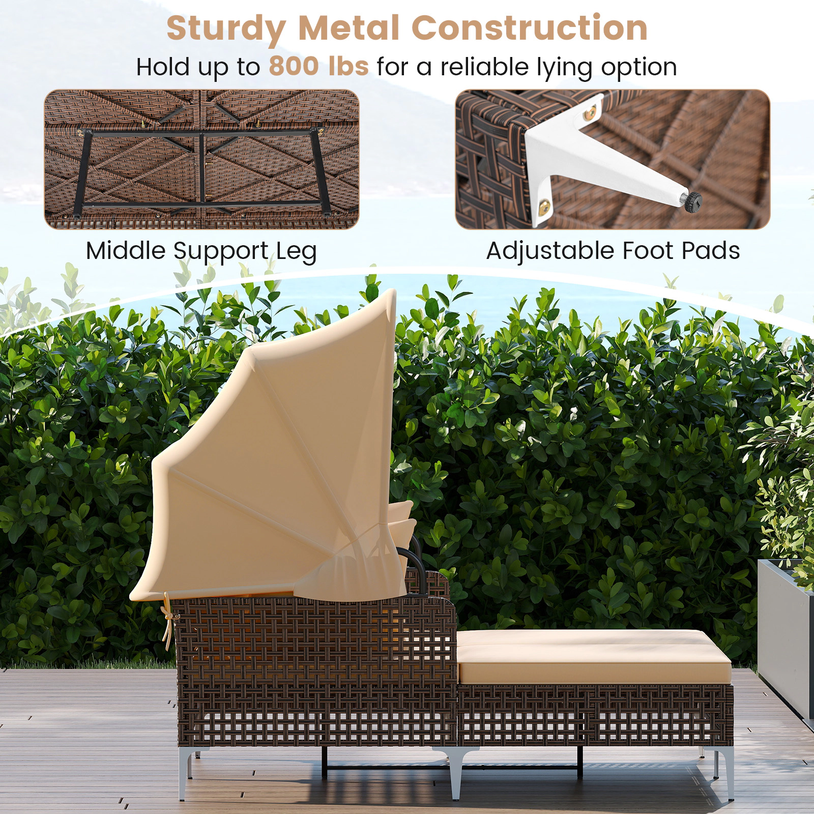 SUGIFT Outdoor Daybed Brown with Retractable Canopy and PE Wicker Rattan Frame