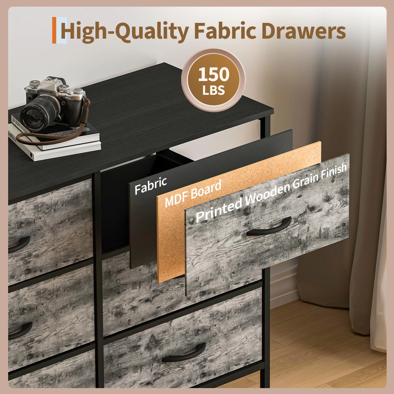 70.8" 12 Drawer Fabric Dresser TV Stand for Up to 80" with Wood Top
