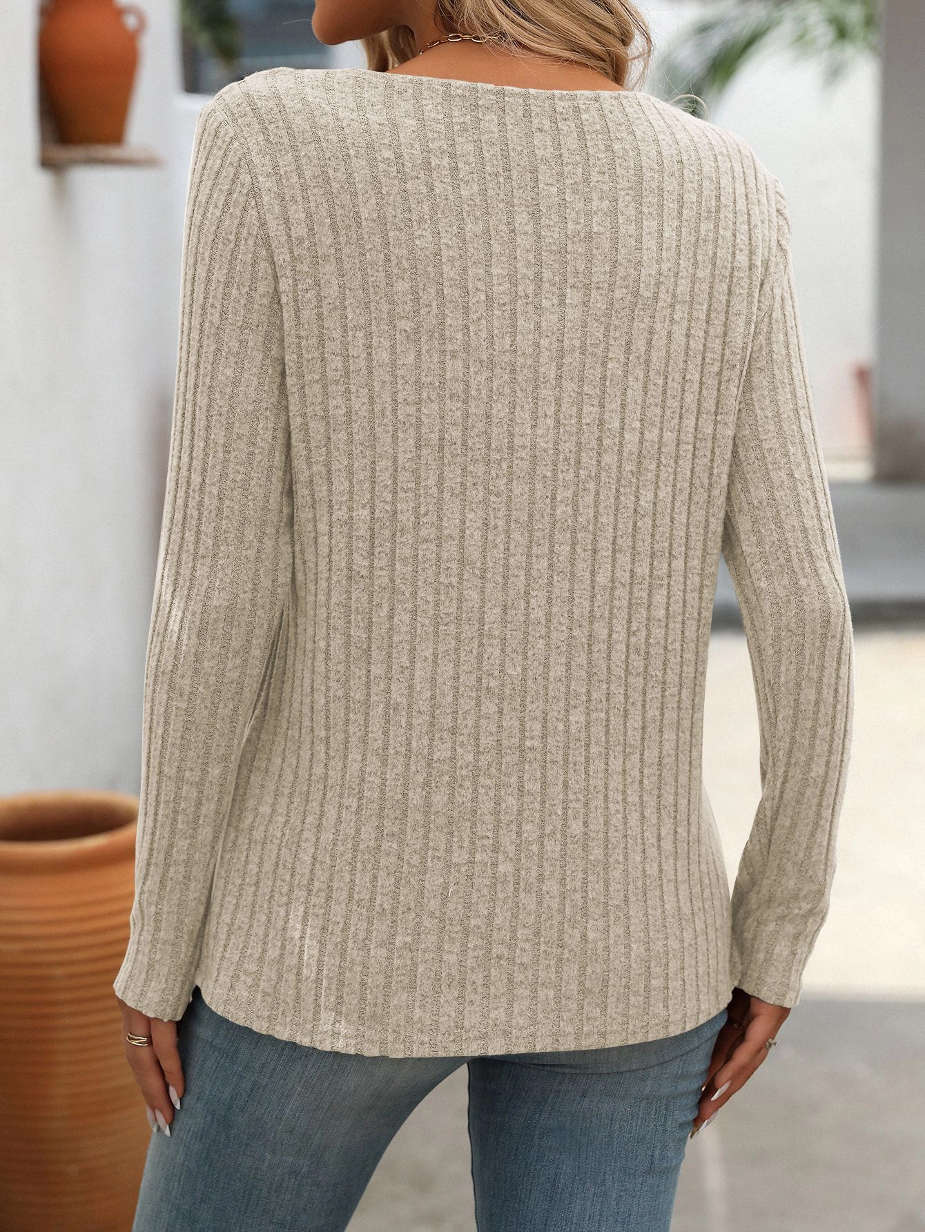 Enchanted Funland Womens Crisscross V‑Neck Ribbed Long Sleeve Button Casual Tops
