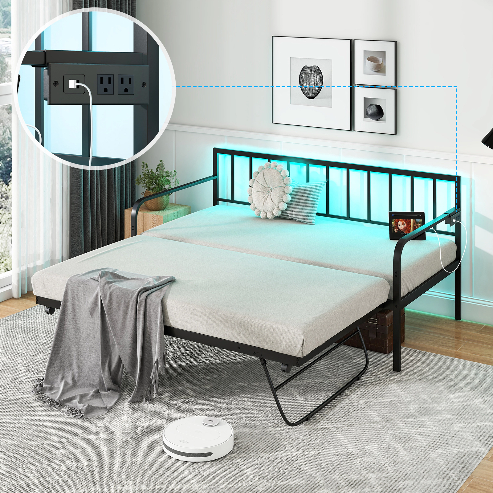 SUGIFT Black Pop-Up Trundle Charging Station and LED Lights Twin Metal Daybed