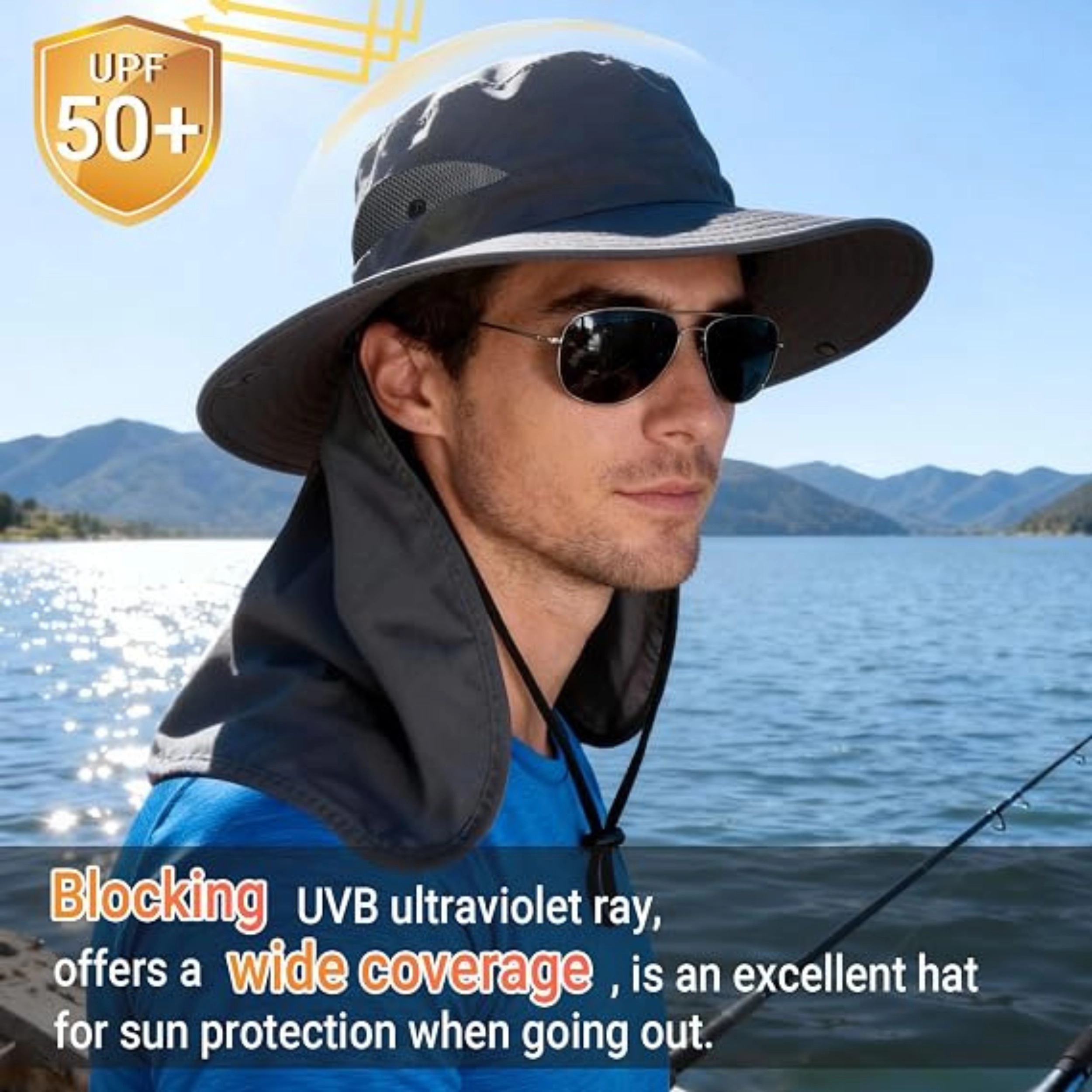 SS Design Wide Brim Bucket Sun Hat with Neck Flap Khaki UPF 50
