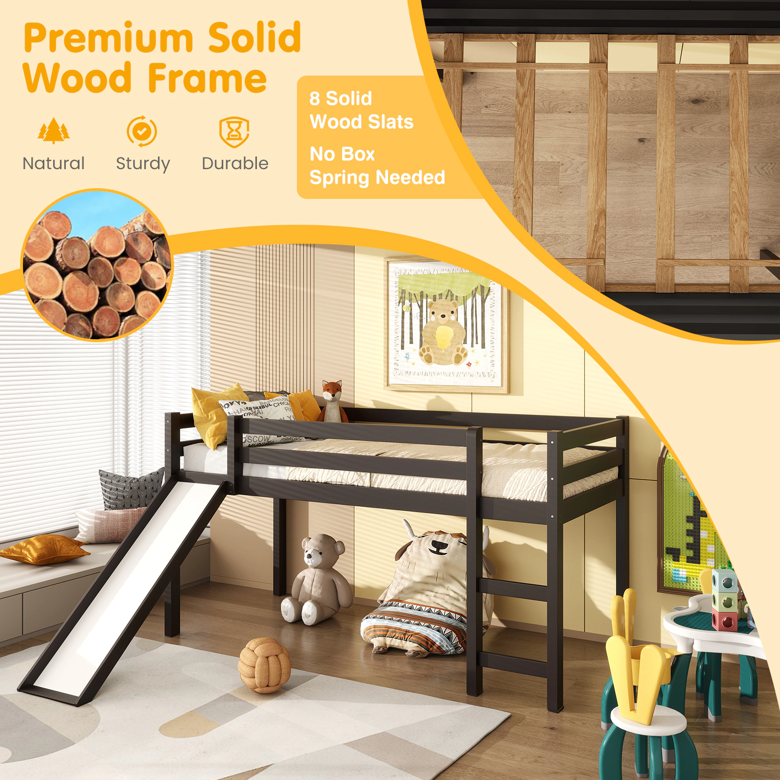 SUGIFT Slide and Ladder Pine Wood Twin Low Kids Loft Bed