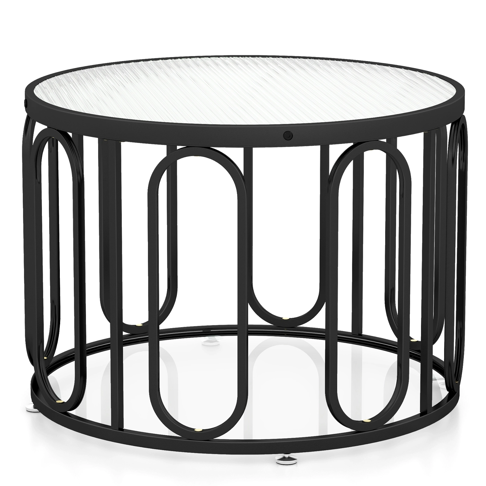 Glintex 24-Inch Round Coffee Table with Reeded Glass Top and Swivel Brackets, Black