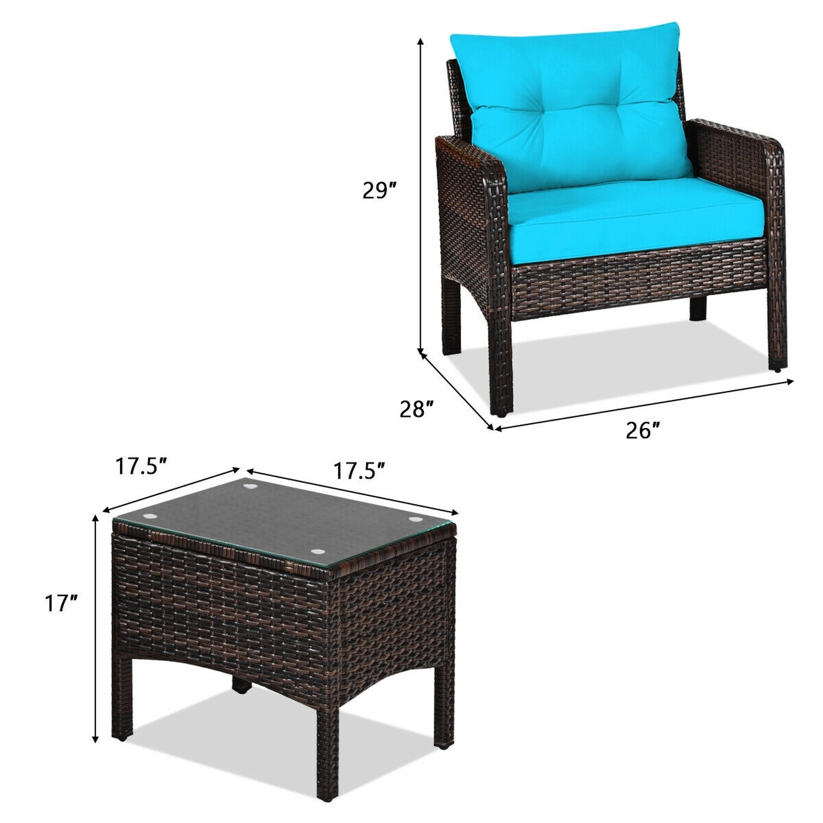 SUGIFT 3-Piece Turquoise Outdoor Wicker Patio Conversation Set with Glass Table