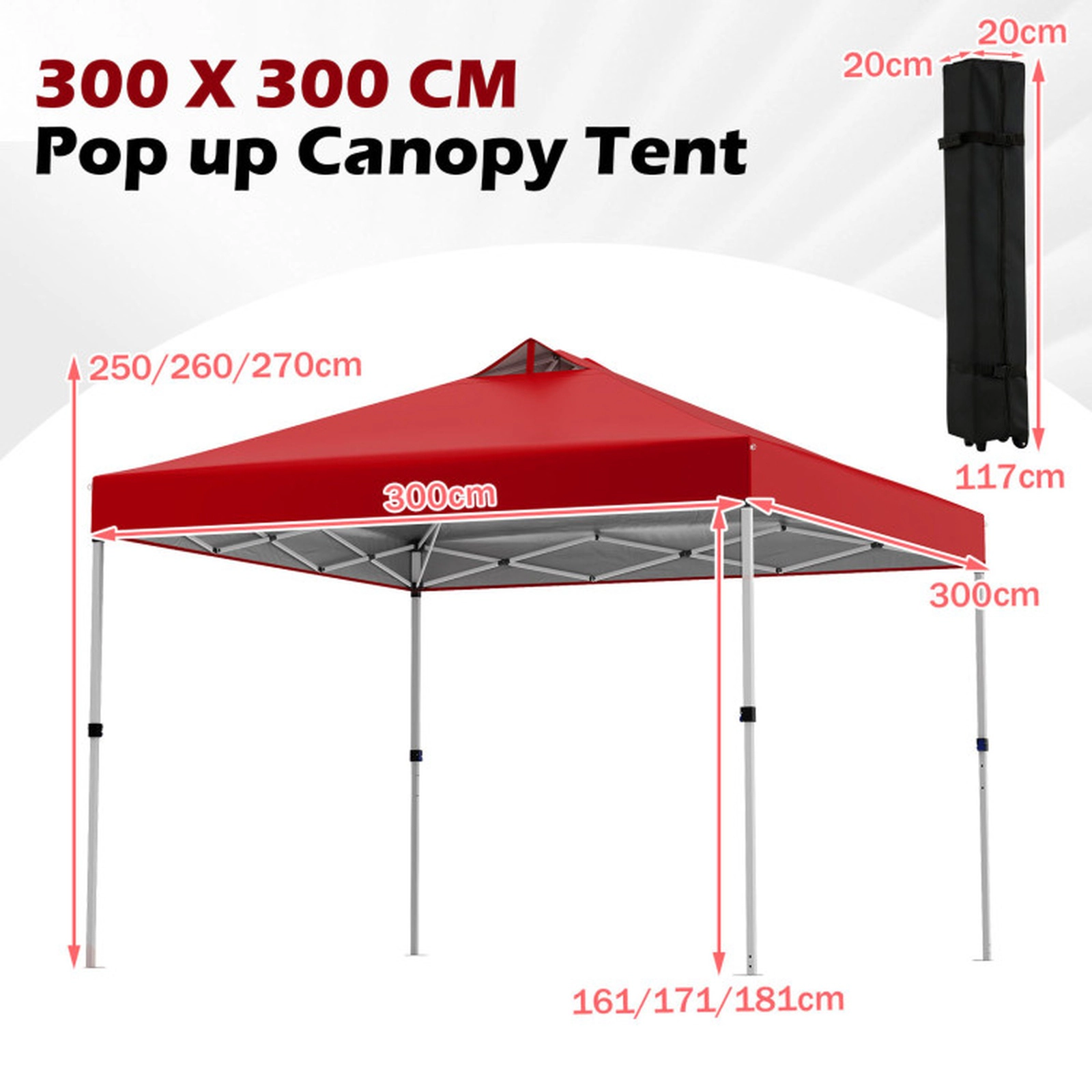 SUGIFT Red 10-ft by 10-ft 3-Level Silver-Coated 210D Oxford Pop Up Canopy Tent with Wheeled Roller Bag