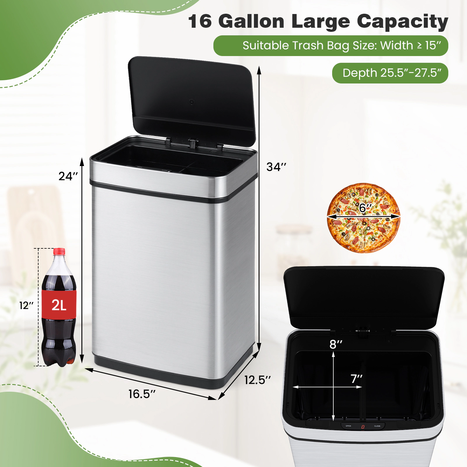 Hivvago 16 Gallon Trash Can Infrared Motion Sensor Garbage Can with Dual Compartments