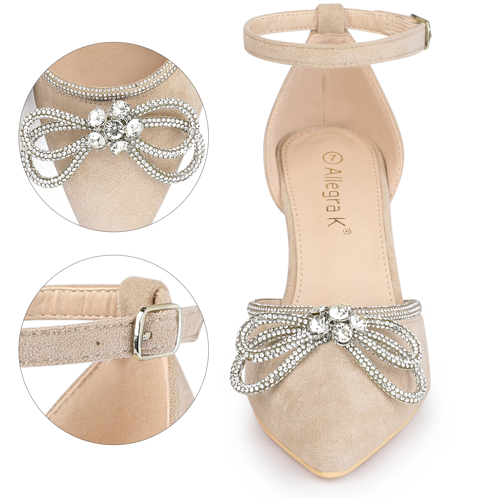 BLISSFUL STEP Women Rhinestones Bow Ankle Strap Stiletto Heel Sandals