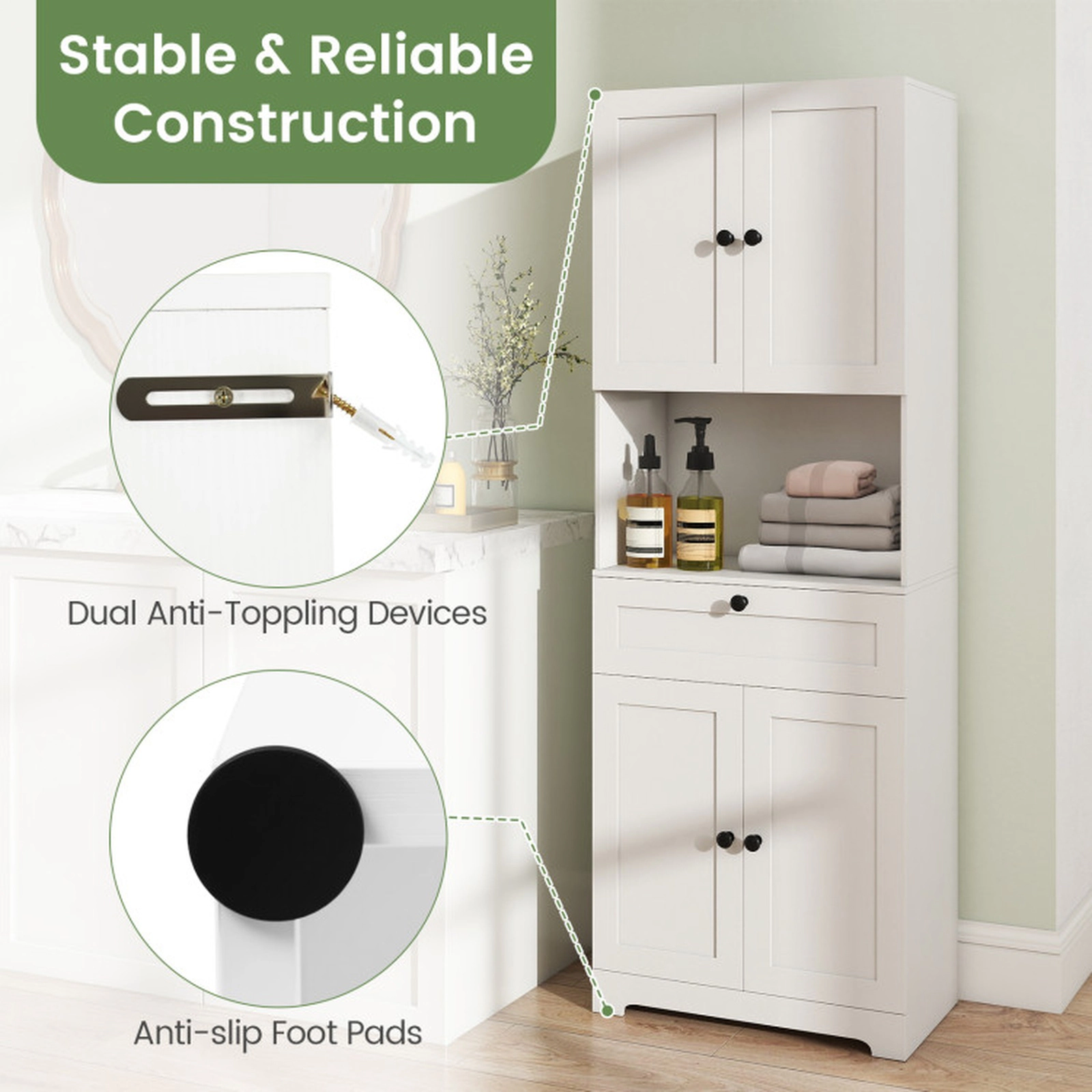 SUGIFT 4 Doors 1 Drawer Adjustable Shelf Freestanding Storage Cabinet 23.5-in x 14-in x 67.5-in 243-lb Capacity White