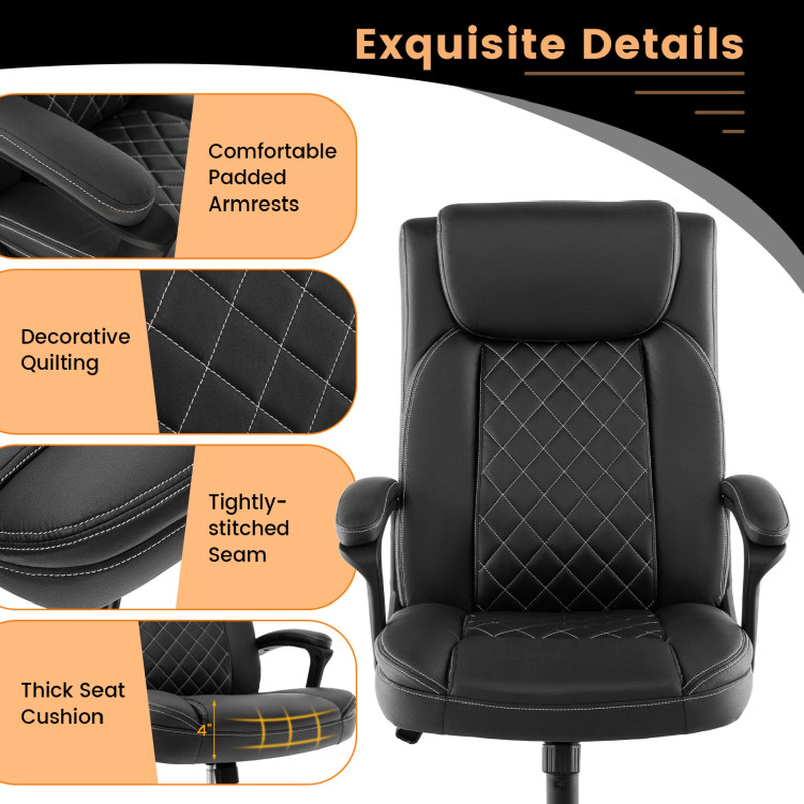 SUGIFT High Back Thick Headrest Leathaire Executive Office Chair 26-in x 25-in x 43.5-in 350-lb Capacity Black
