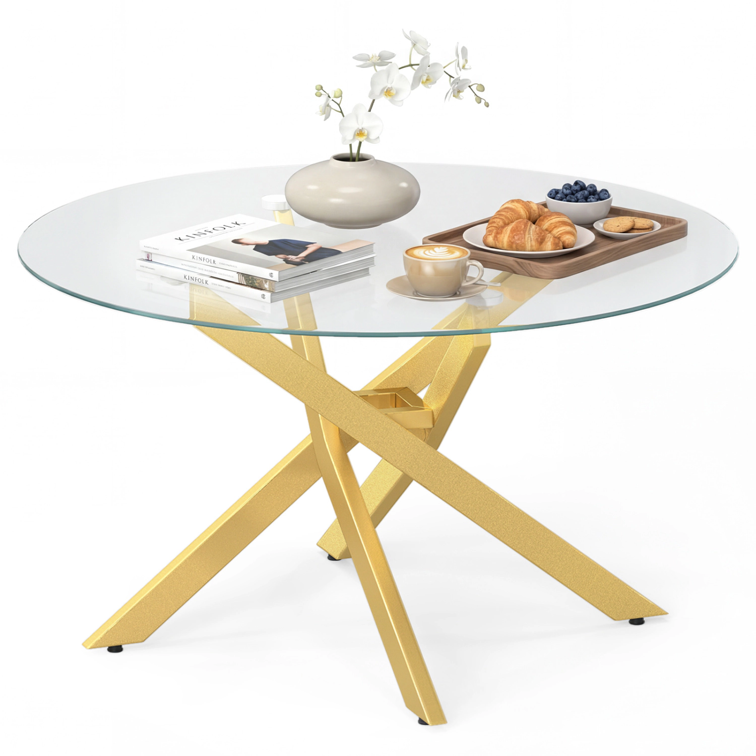 Glintex 31.5-Inch Round Glass Coffee Table with Geometric Metal Frame