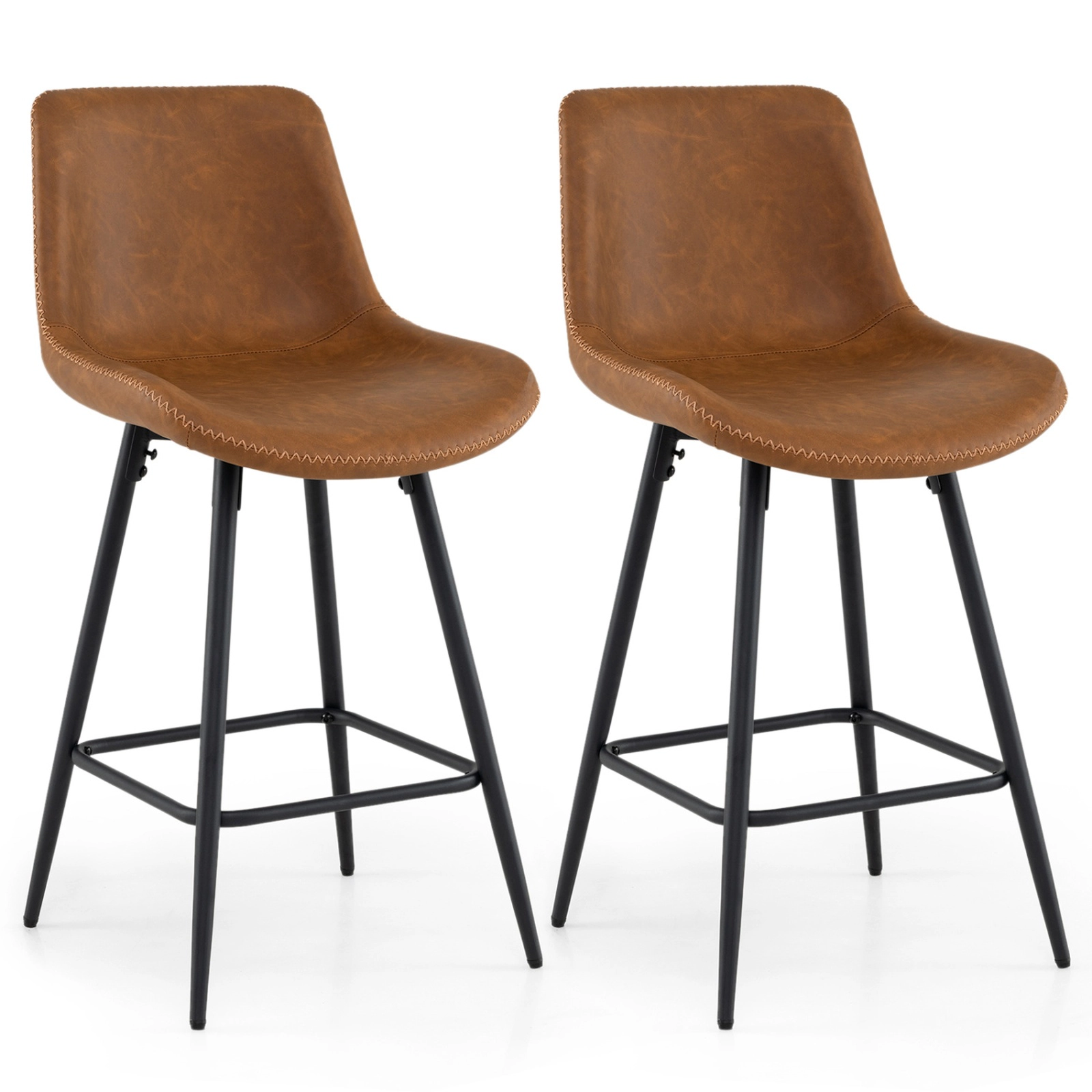 SUGIFT Set of 2 Counter Height Bar Stools, 24-In Faux Leather Seats, Curved Backs, Footrests, 400-Lb Capacity