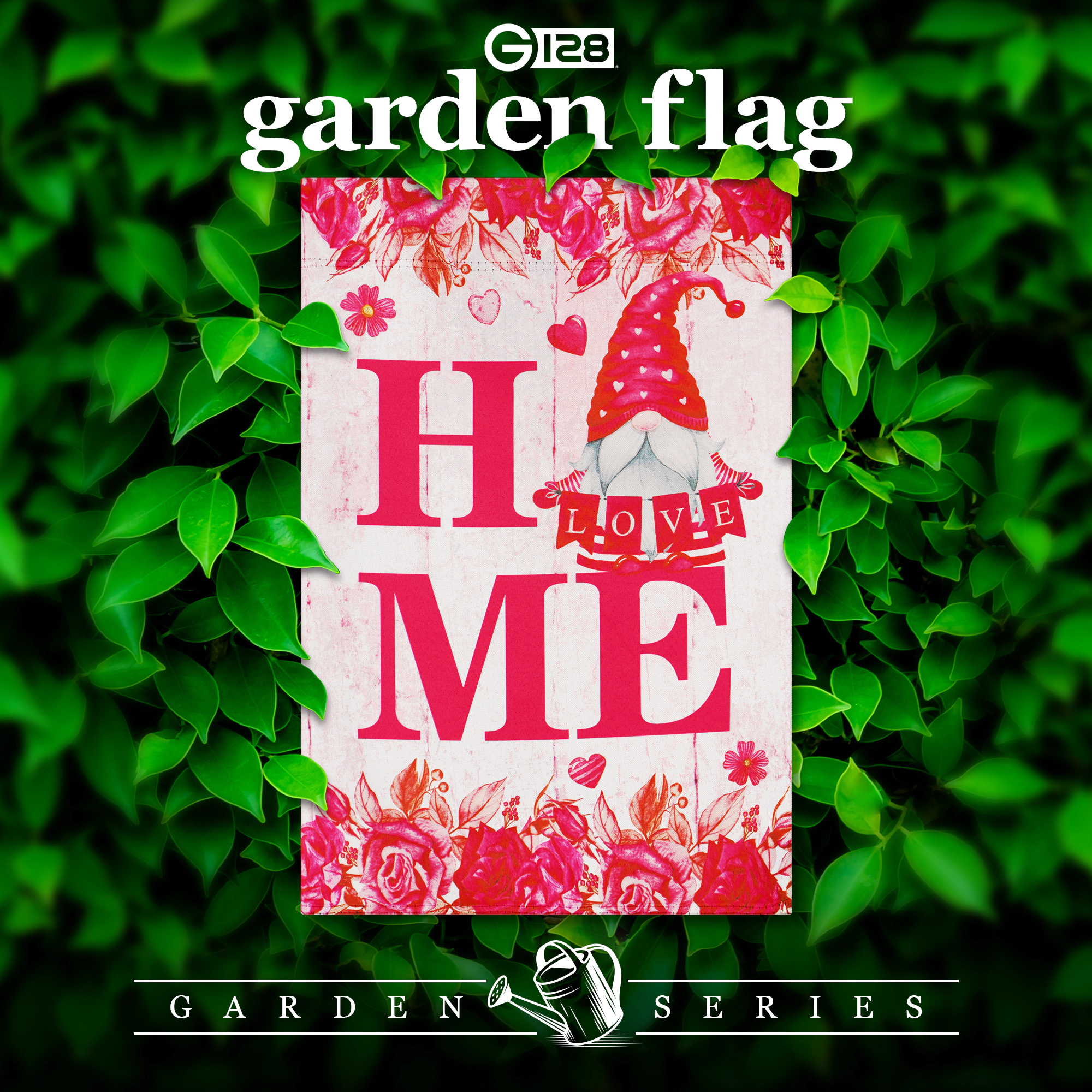 G128 Valentine's Day Garden Flag 12x18in, Gnome Holding Love Sign, Blockout Polyester