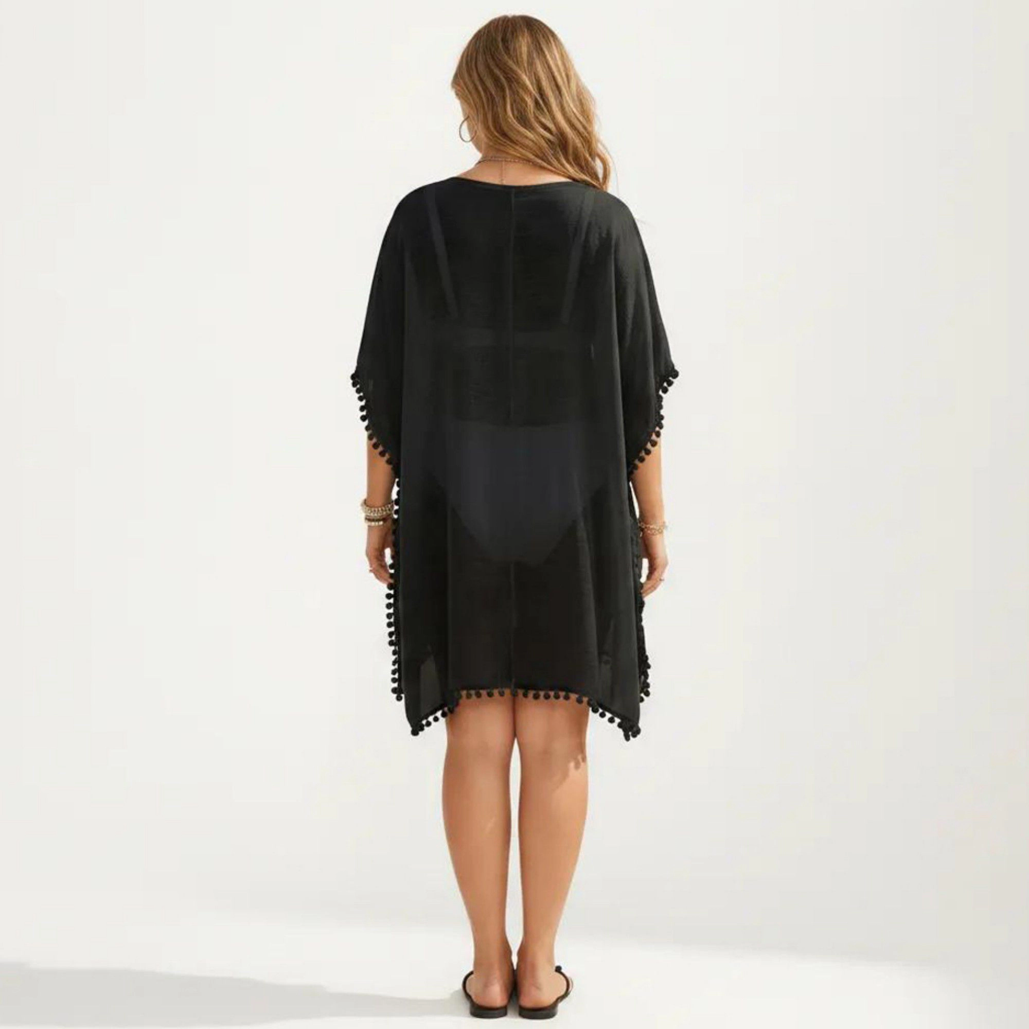 Anna-Kaci Women's Crochet Cutout Neckline Pom Trim Hem Loose Short Sleeve Relaxed Fit Swim Cover Up Dress