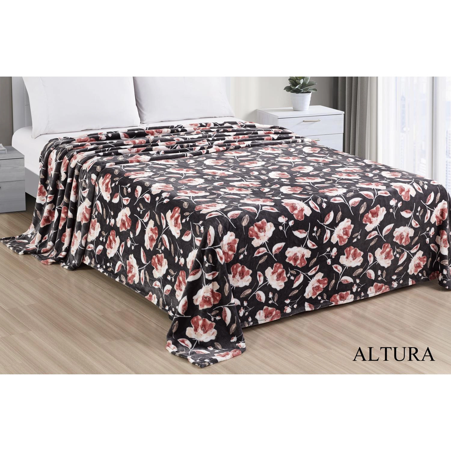 Plazatex Luxurious Ultra Soft Lightweight Altura Printed Blanket Queen Grey Floral