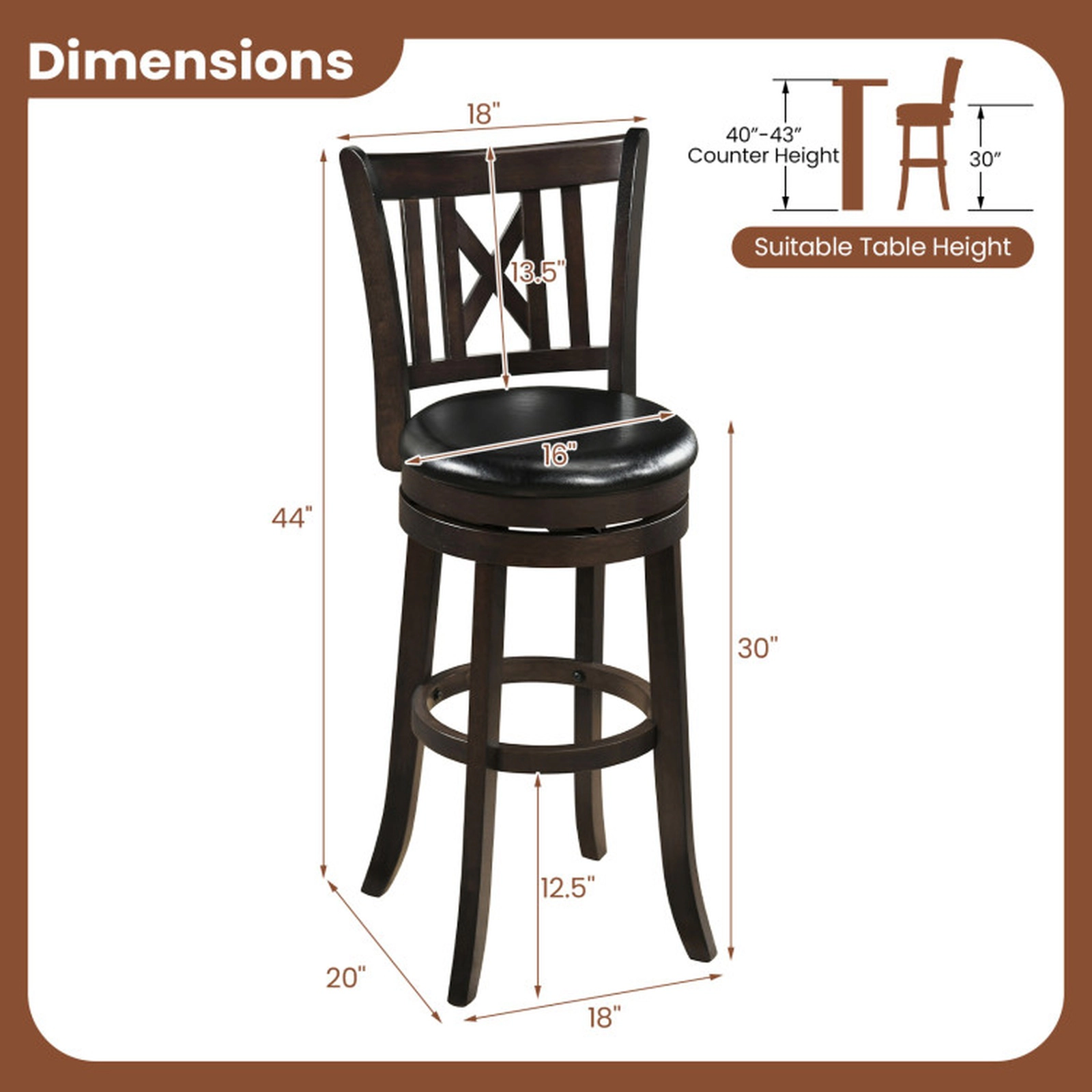 SUGIFT Dark Chocolate Hollowed Backrest and Footrest Set of 4 Swivel Bar Stools