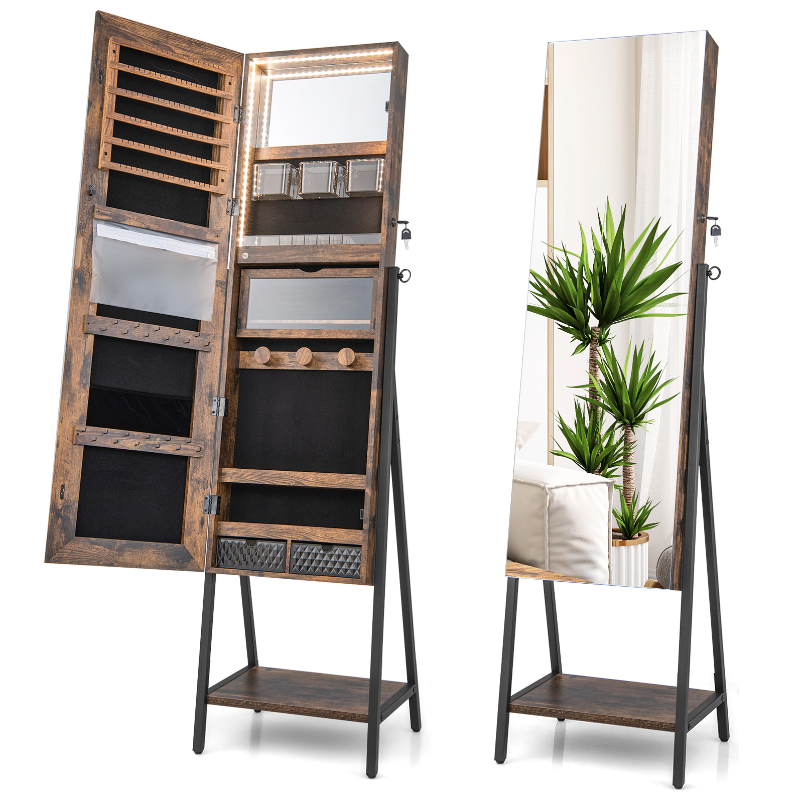 SUGIFT Freestanding Jewelry Cabinet with 47 Frameless Full-Length Mirror and Bottom Shelf