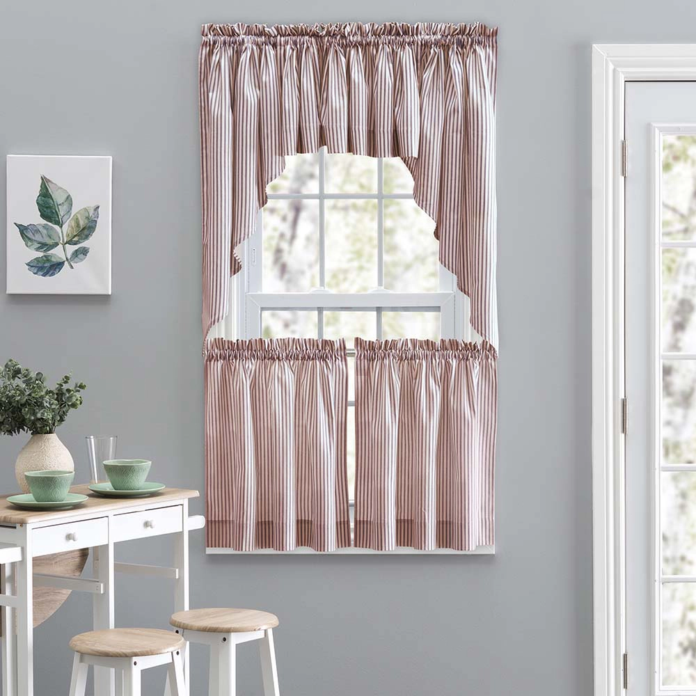 Ellis Curtain Plaza Classic Ticking Stripe Printed on Natural Ground 1.5" Rod Pocket Tailored Swag 56" x 36" Brick