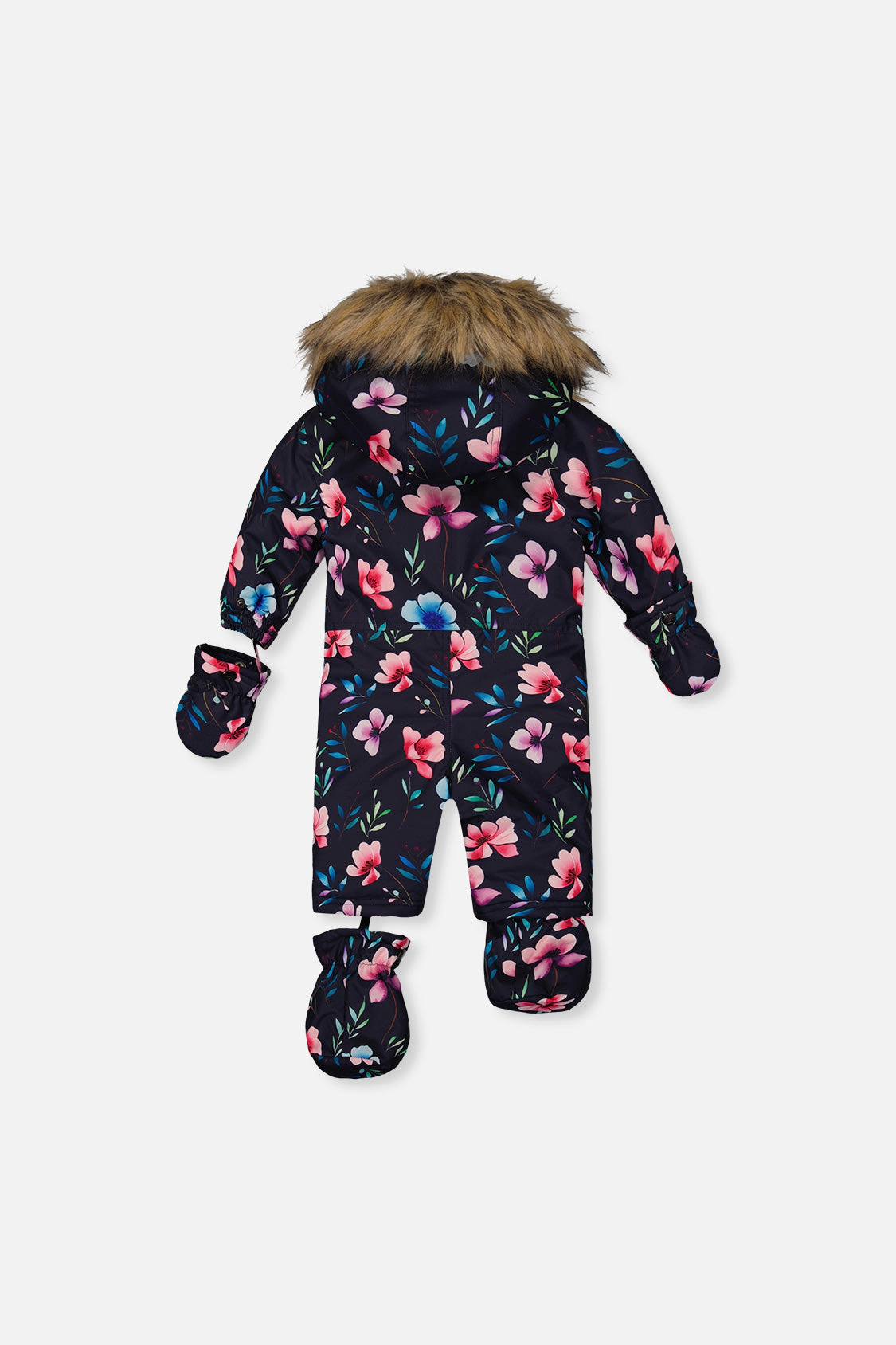 Deux par Girls Floral Print One Piece Snowsuit Adapted for Car Seats with Detachable Hood