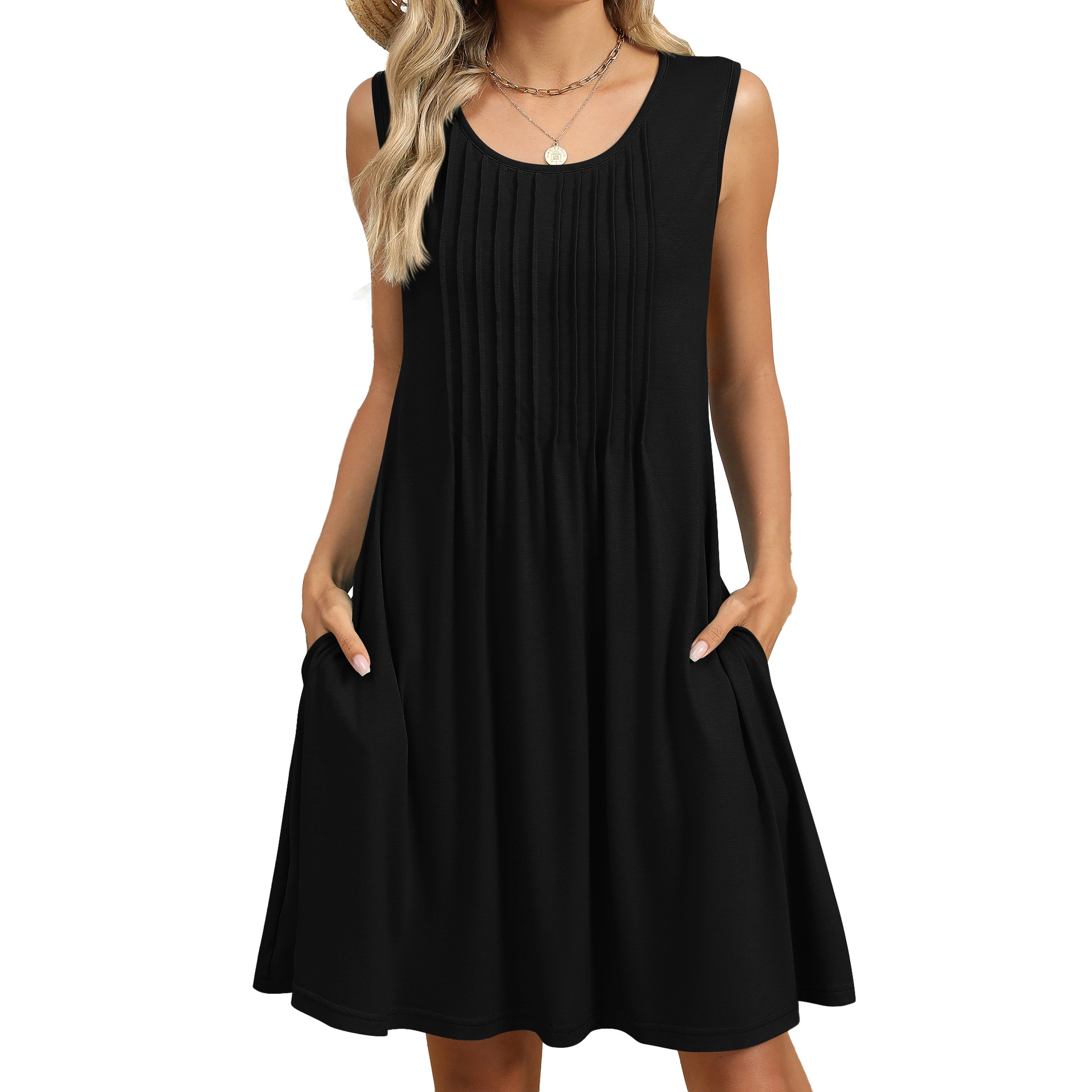 Enchanted Funland Womens Round Neck Sleeveless Casual Midi Dress with Pockets