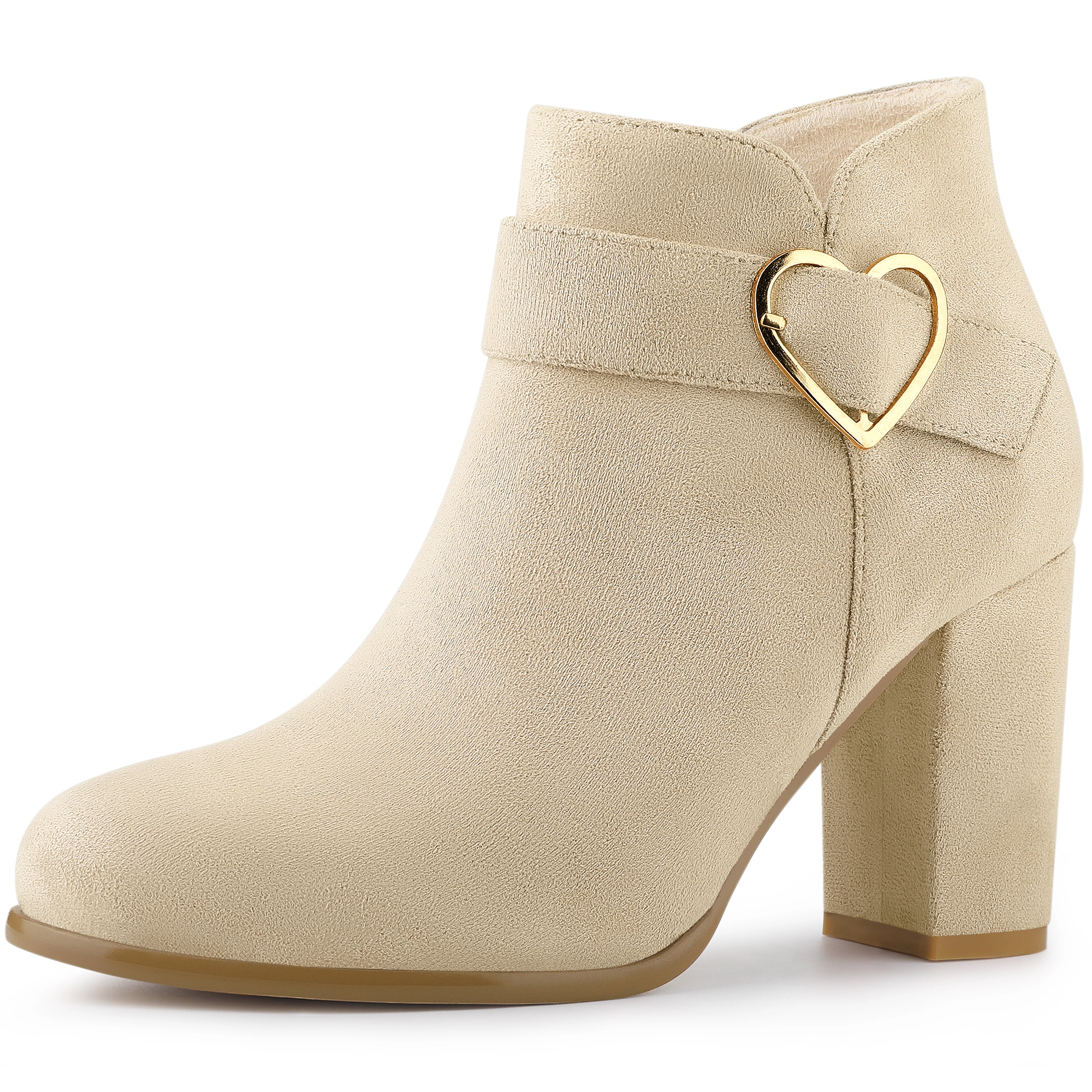BLISSFUL STEP Women Faux Suede Buckle Side Zip Chunky Heels Ankle Boots