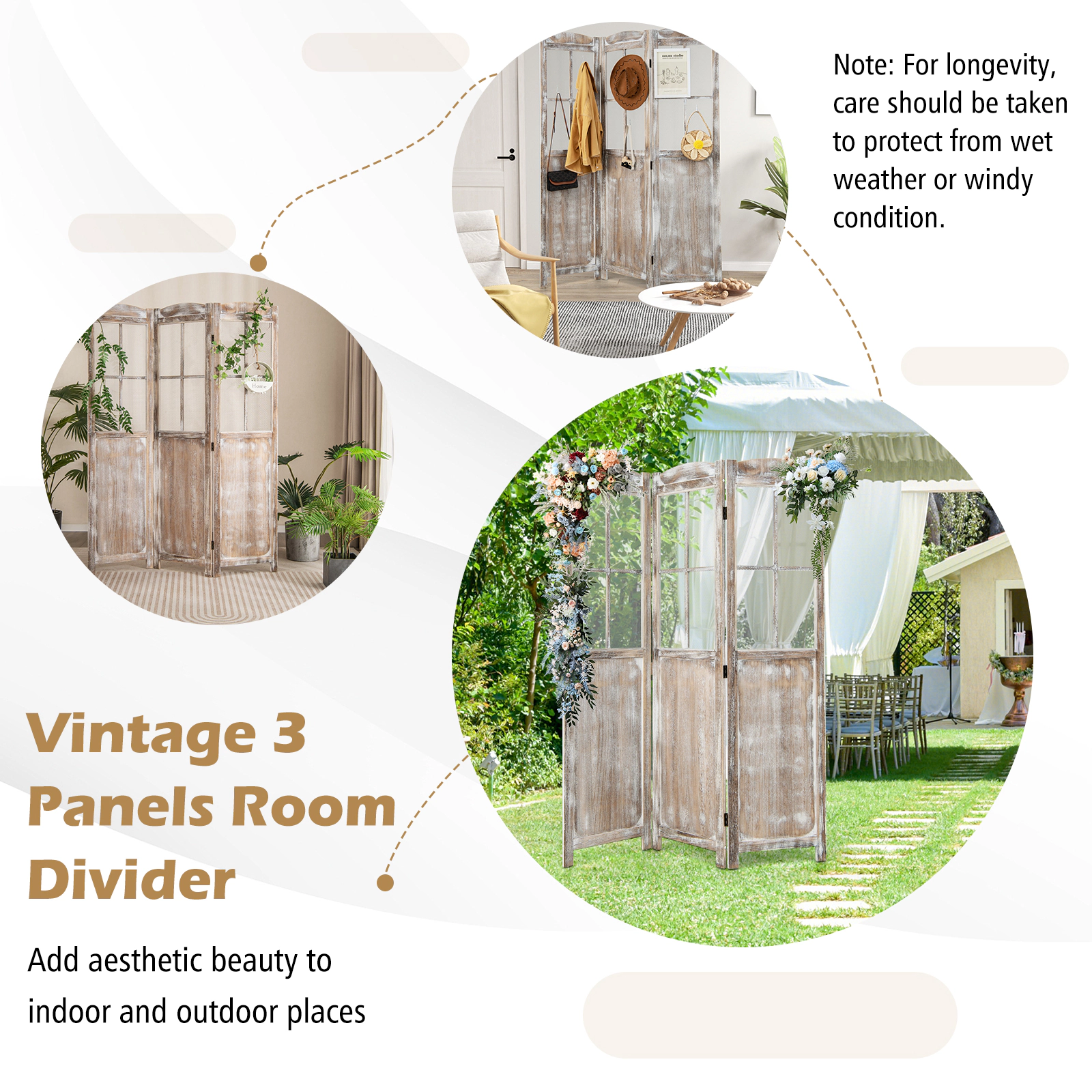 SUGIFT Coffee 54-in Wide 70-in Tall Folding Privacy Screen Room Divider with Paulownia Wood Mesh Windows