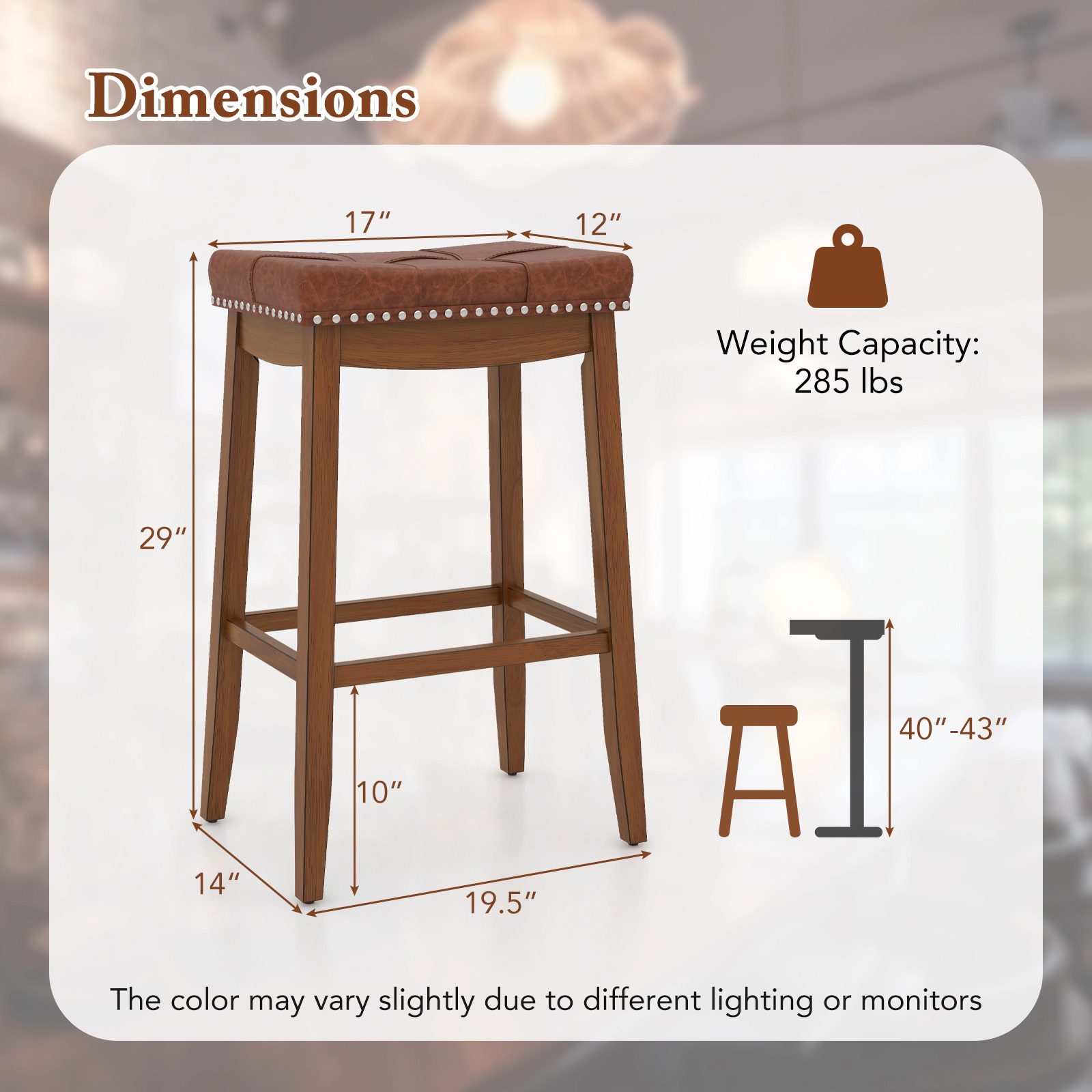 SUGIFT Set of 2 Upholstered PU Leather Saddle Bar Stools 285-lb Capacity 25-in Counter and 29-in Bar Heights Brown