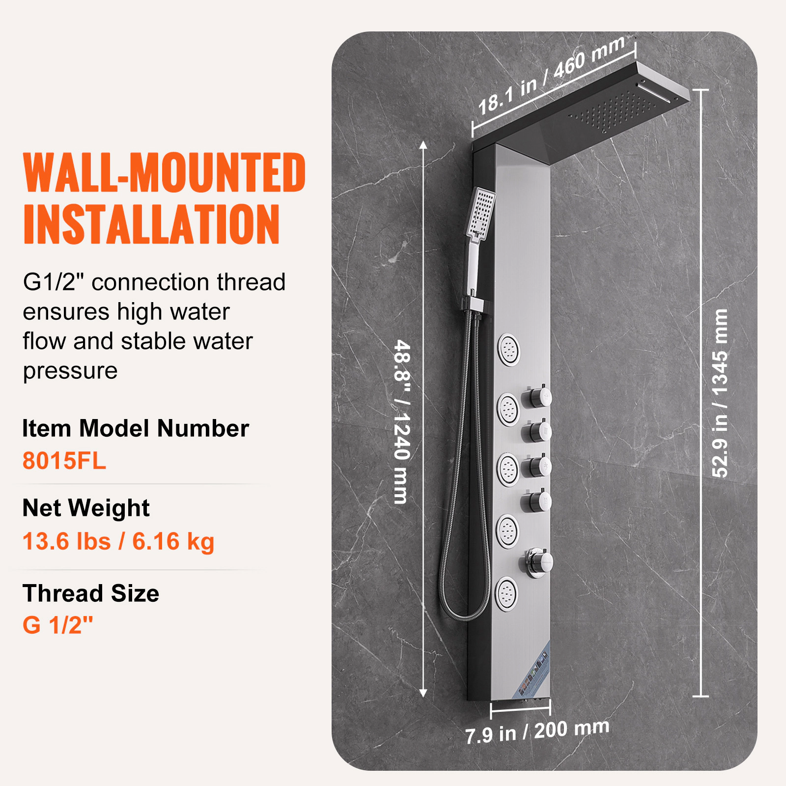 HONGGE 4-Function Shower Tower Panel, Rainfall, Waterfall & 5 Body Massage Jets