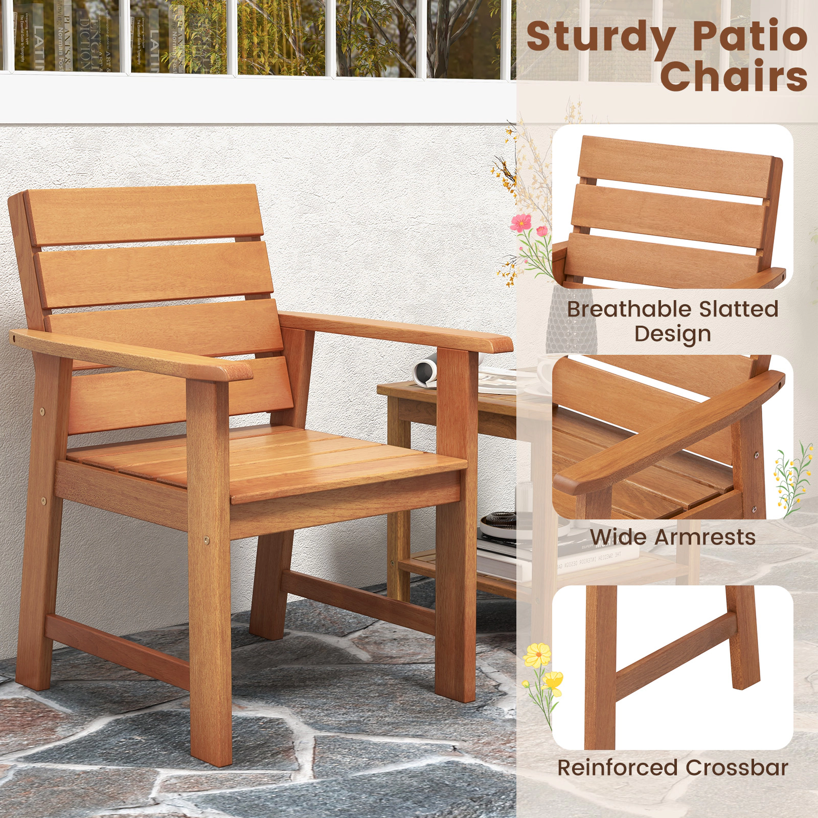 SUGIFT 2 Piece Patio Hardwood Chair Set with Slatted Seat and 102° Inclined Backrest 220-lb Capacity Natural