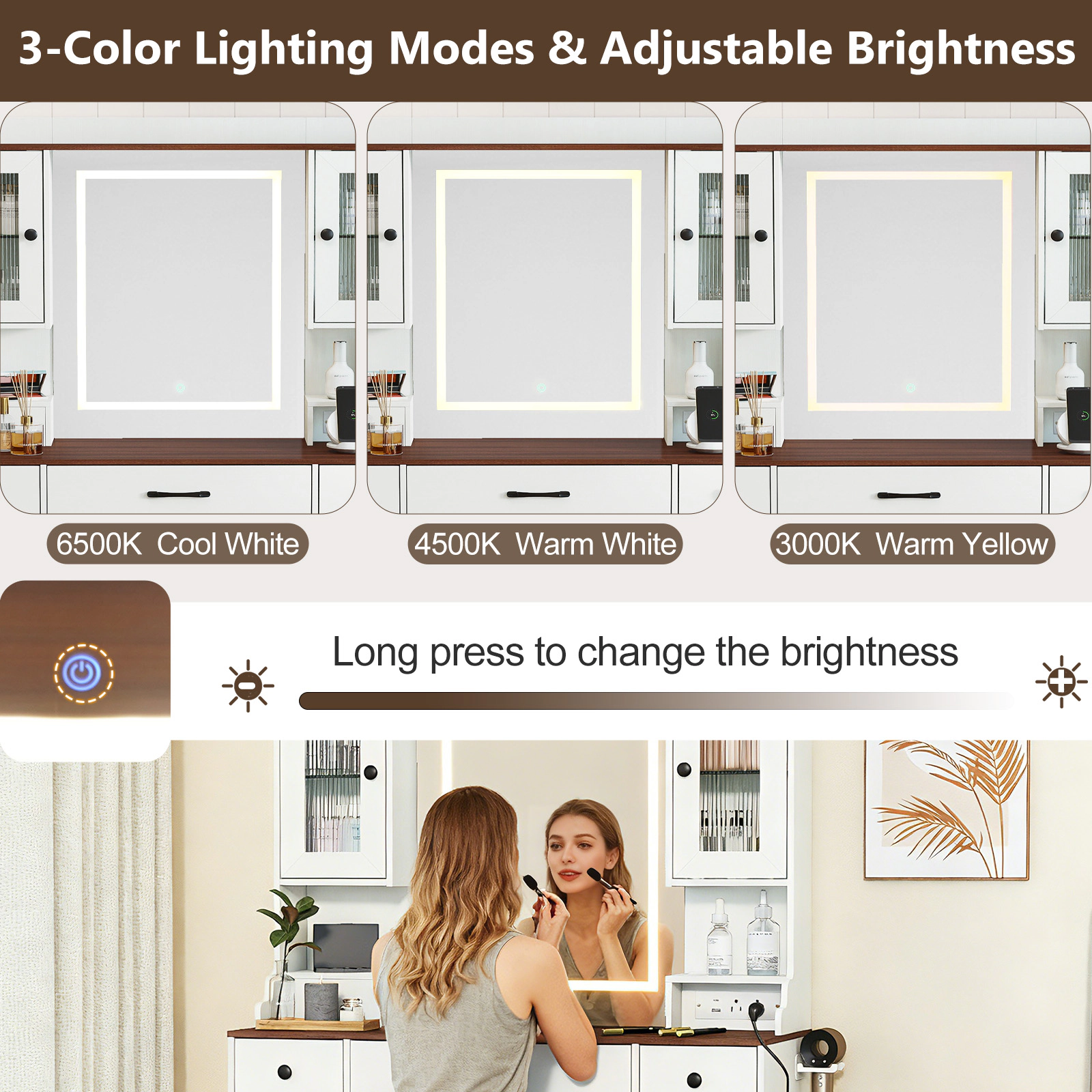 LJG 41.5 Inch Makeup Dressing Table with Power Outlets and 3 Color Lighting Modes