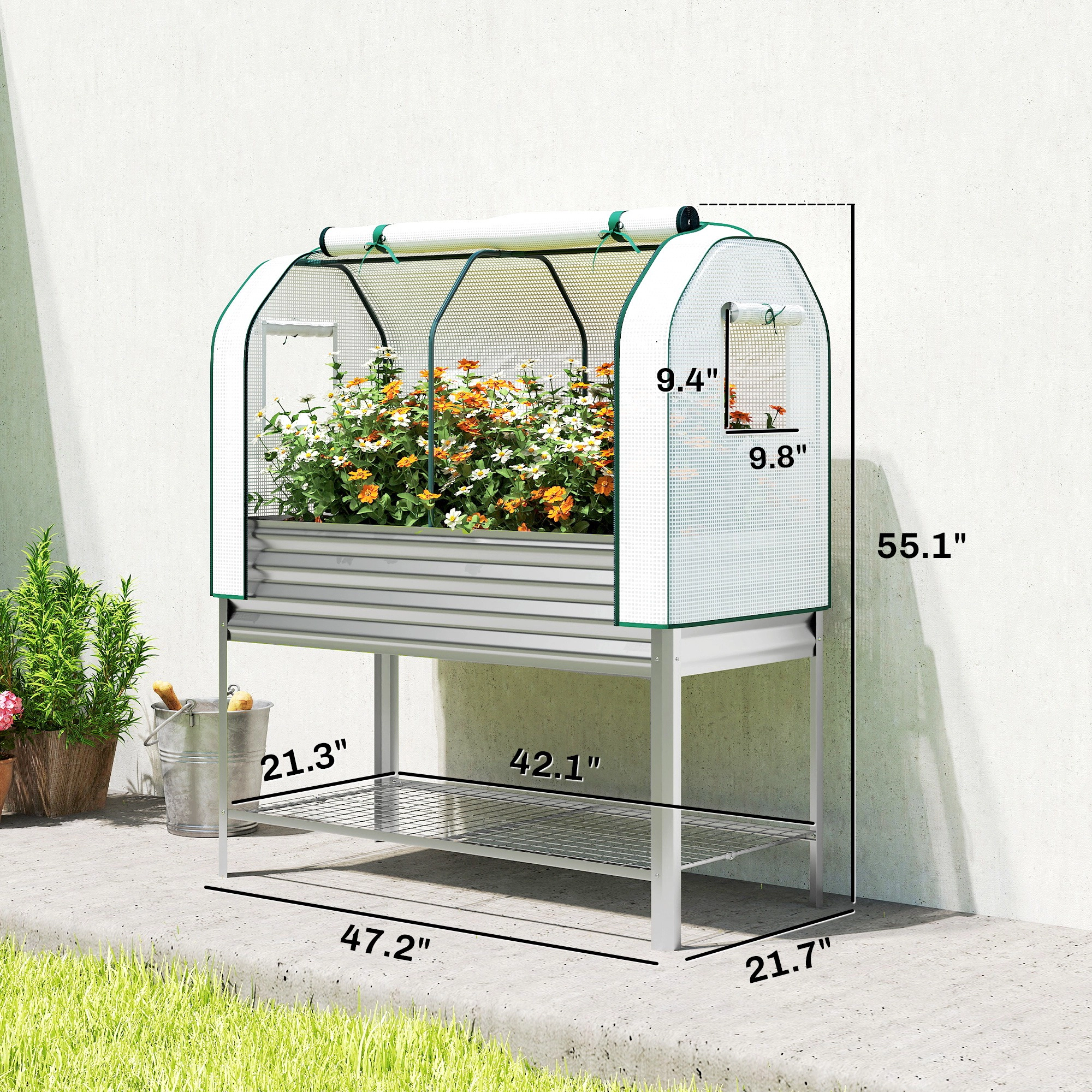 HONGGE Galvanised Raised Garden Bed with Greenhouse Cover, Metal Elevated Garden Bed with Bed Liner, Bottom Shelf