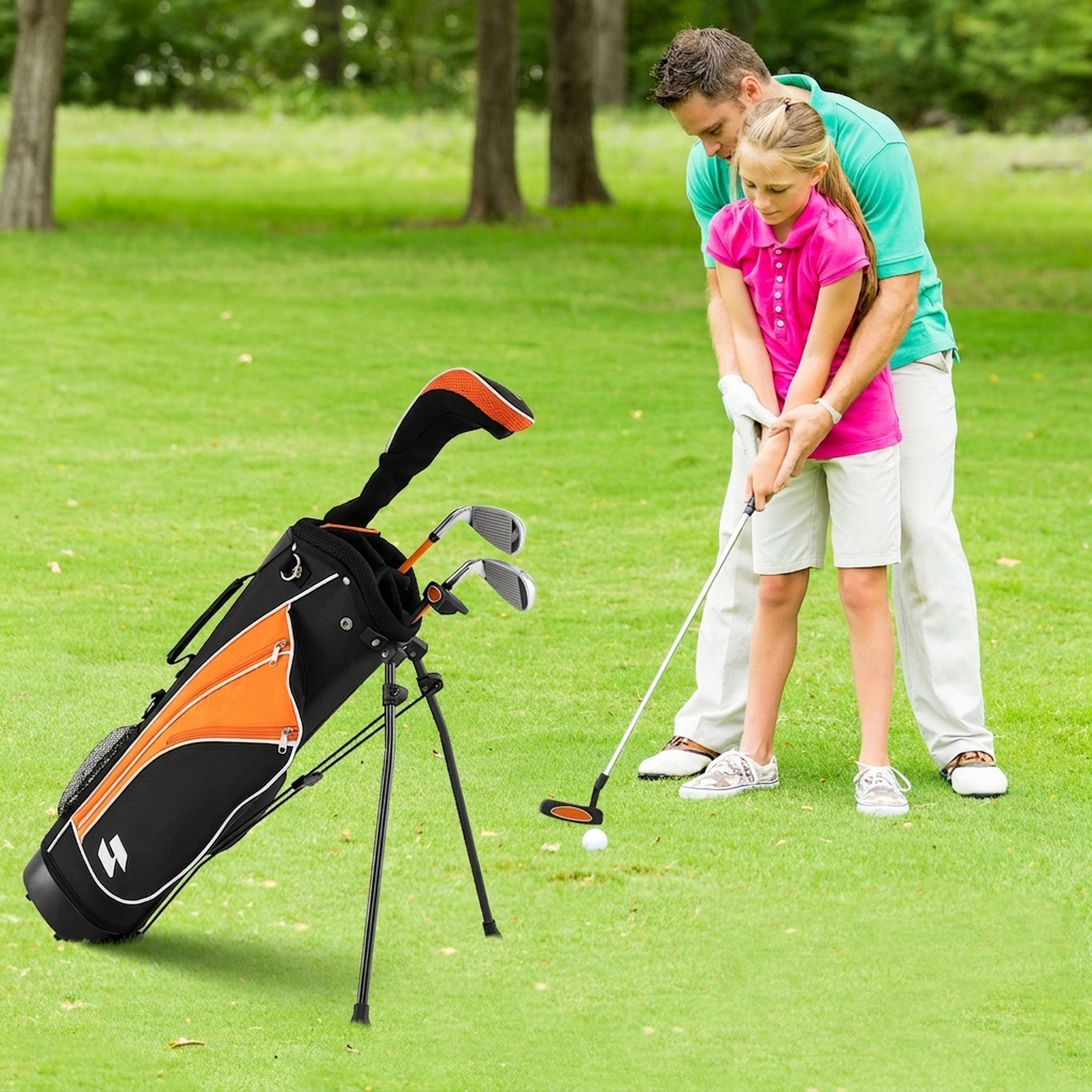 5-pc Junior Golf Club Set for Kids Ages 11-13 with 3 Fairway Wood 7 and 9 Irons Putter and Stand Bag Orange