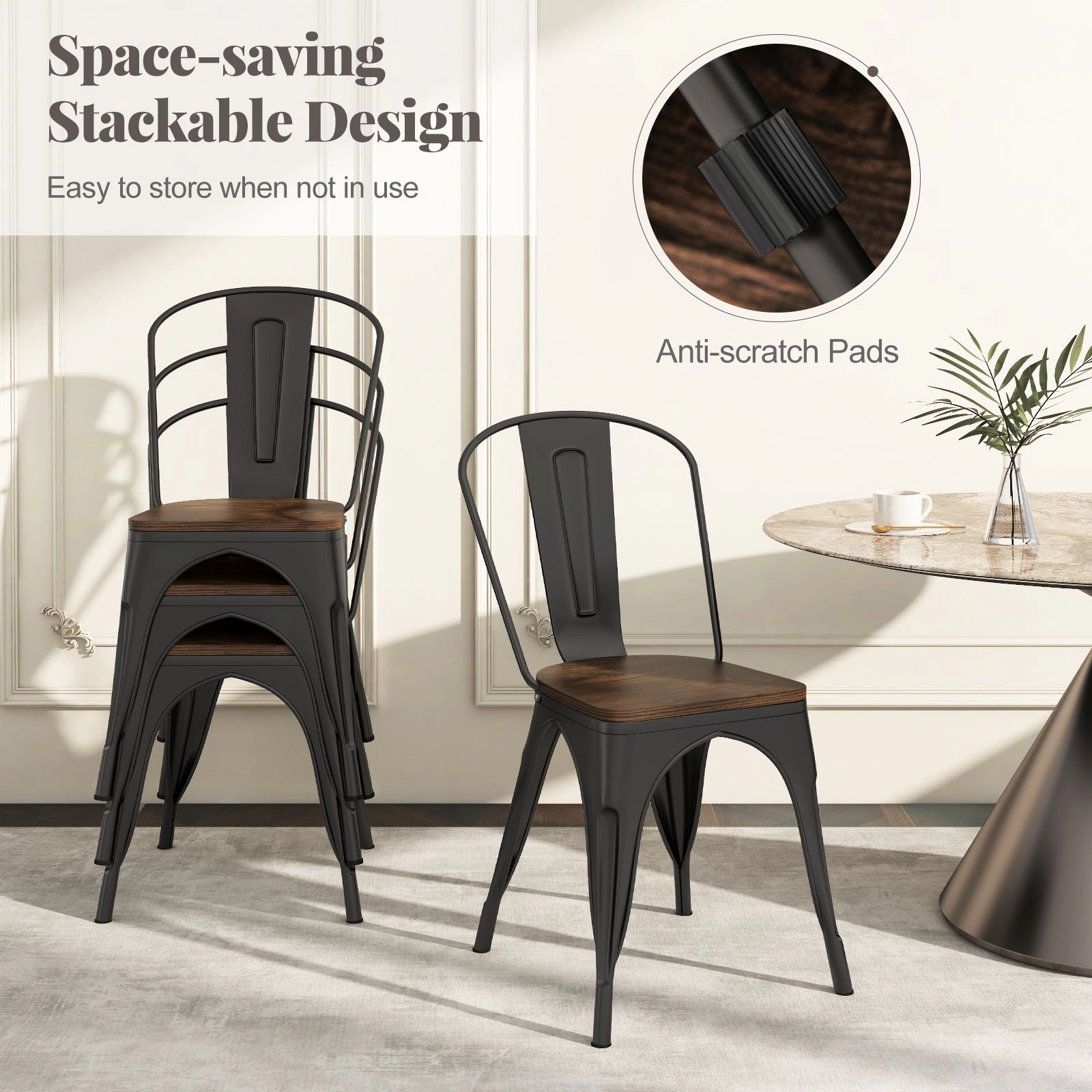 SlickBlue Unisex Set of 4 Metal Dining Chairs with Wood Seats
